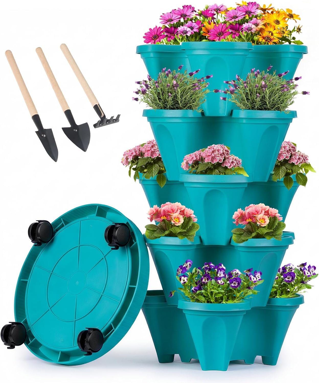 GameXcel Vertical Planter Tower – 5 Tier Stackable Garden Planters with Wheels and Tools Plant Pots for Strawberry Herb Flower and Vegetable Indoor Outdoor Use Teal