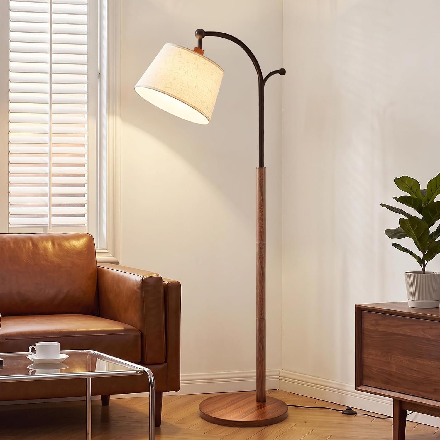 Floor Lamp, Arched Wood Floor Lamp, Linen Shade, Dimmable 3 Color Temperatures, Foot Switch & Coat Hook for Living Room Bedroom Nursery – Wood Grain