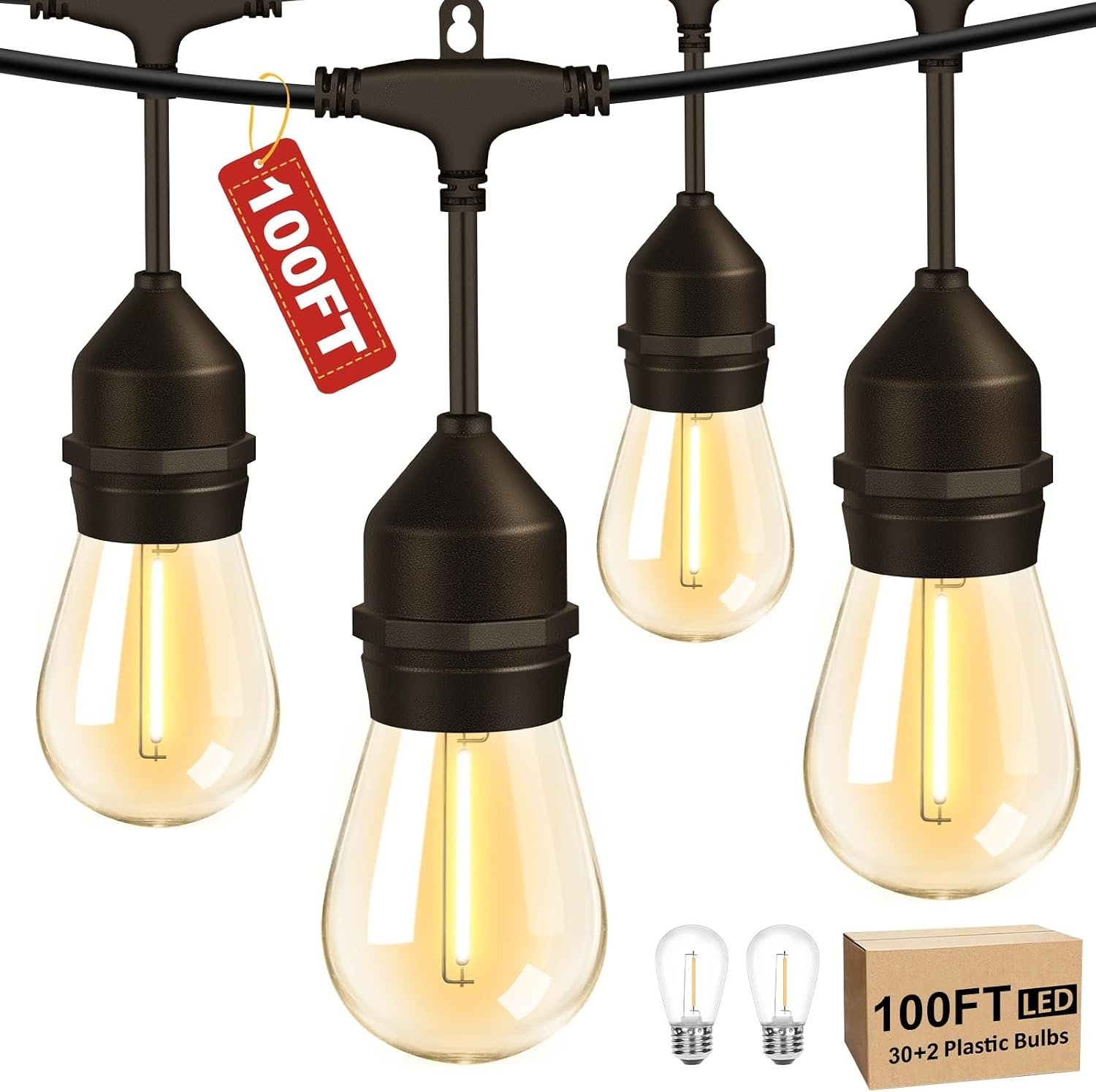 100FT LED Outdoor String Lights with 30+2 Shatterproof Bulbs, IP65 Waterproof, Commercial Grade Patio String Lights for Outside Porch Backyard Garden Deck Decor, 2700K Dimmable
