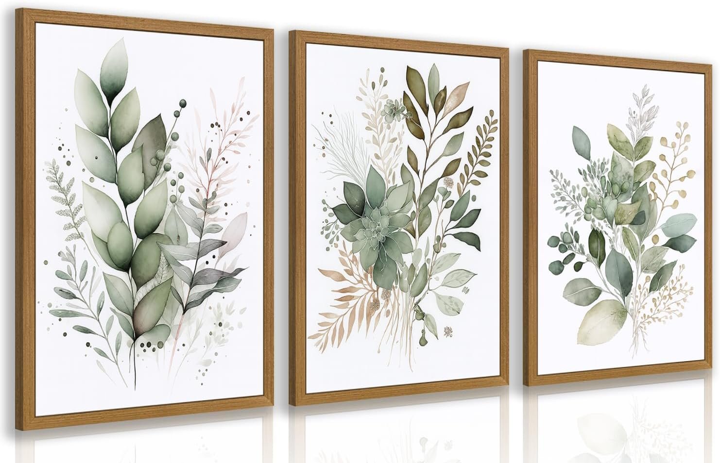 HLXRAE Neutral Sage Green Botanical Floral Wall Art, Wood Framed 12″x16″x3″