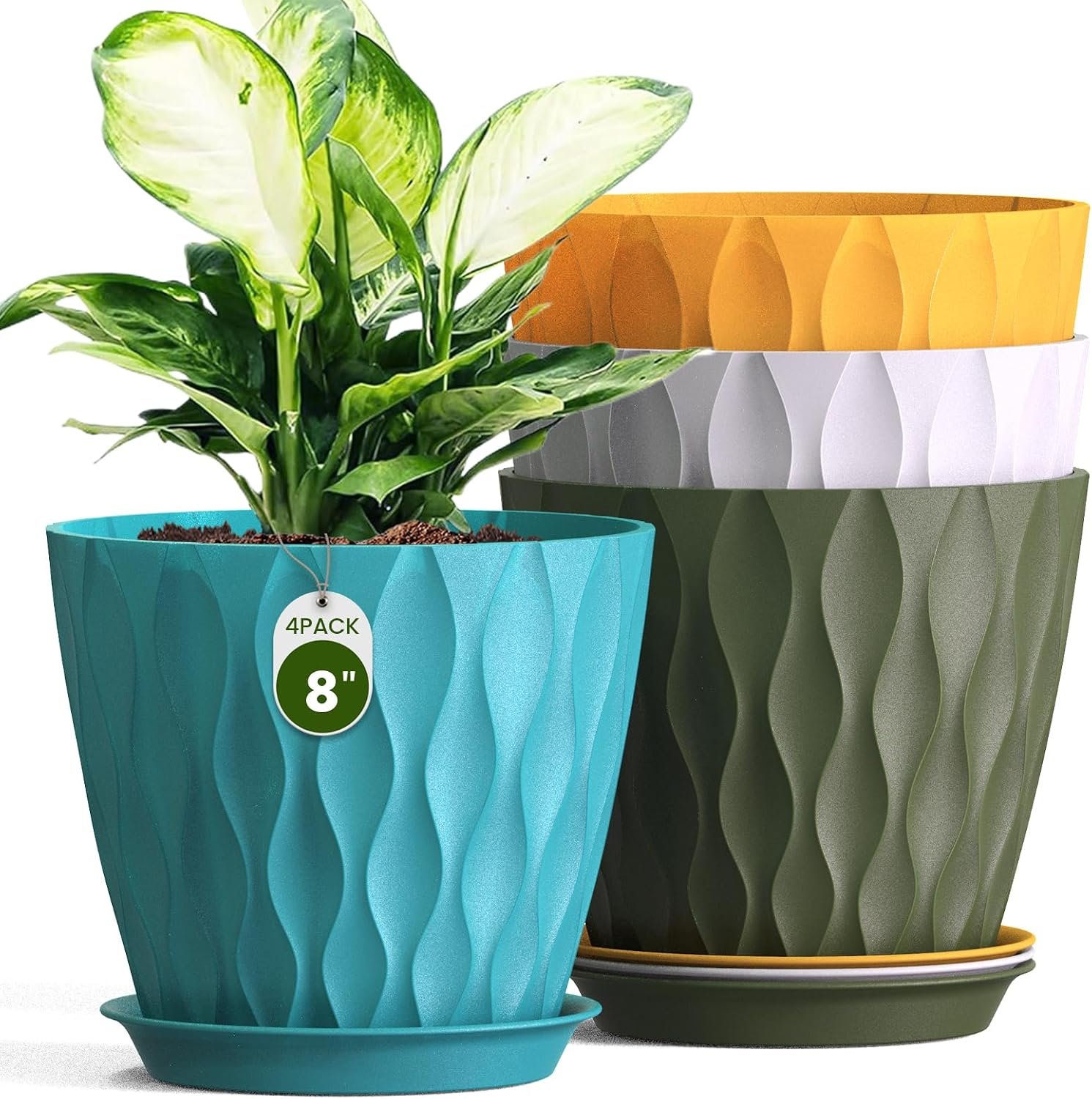 8 Inch Plant Pots 4 Pack Plastic Planters with Drainage & Saucers
