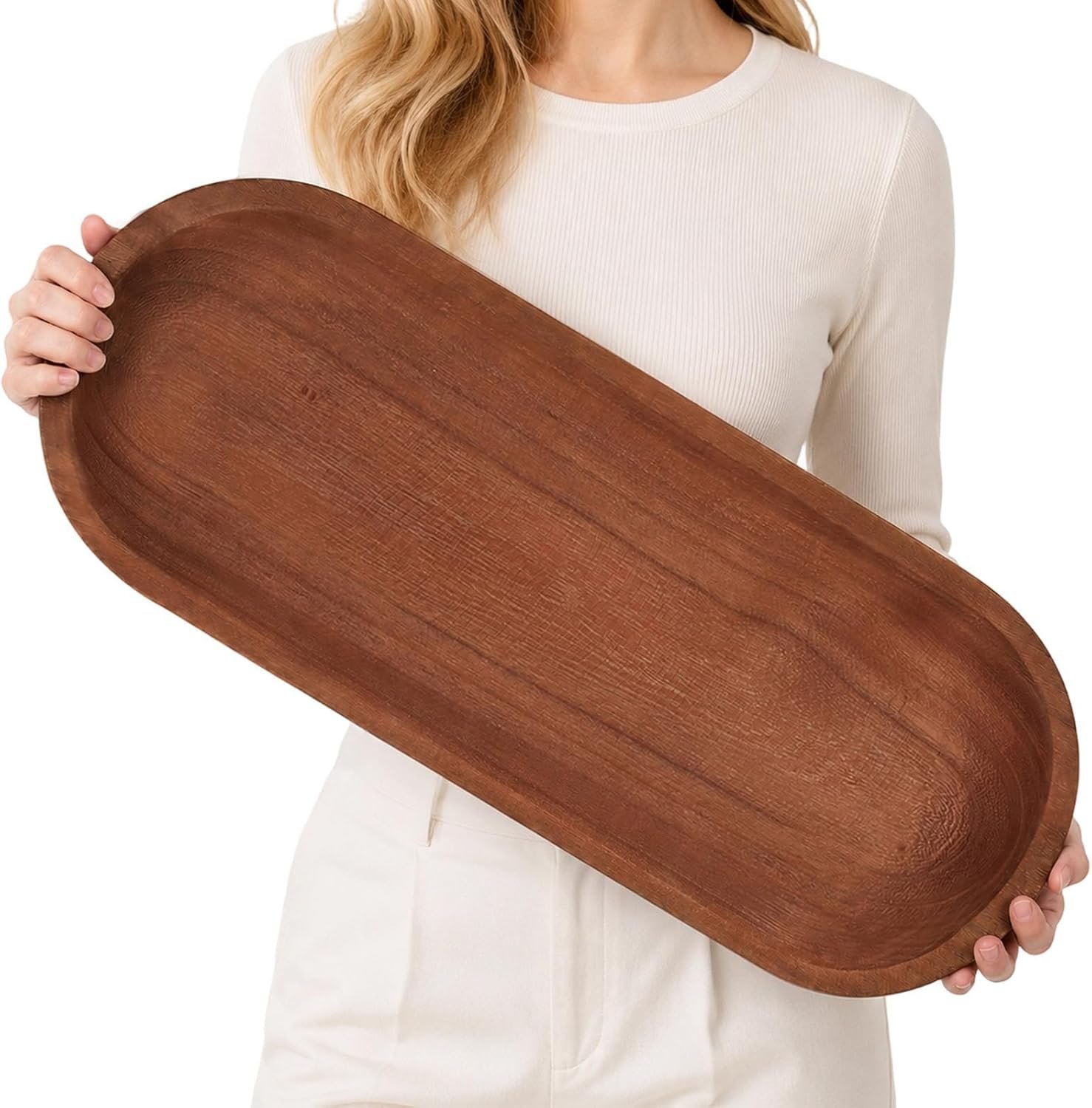 25.5” Wooden Dough Bowls for Decor, Wood Long Decorative Bowl, Brown