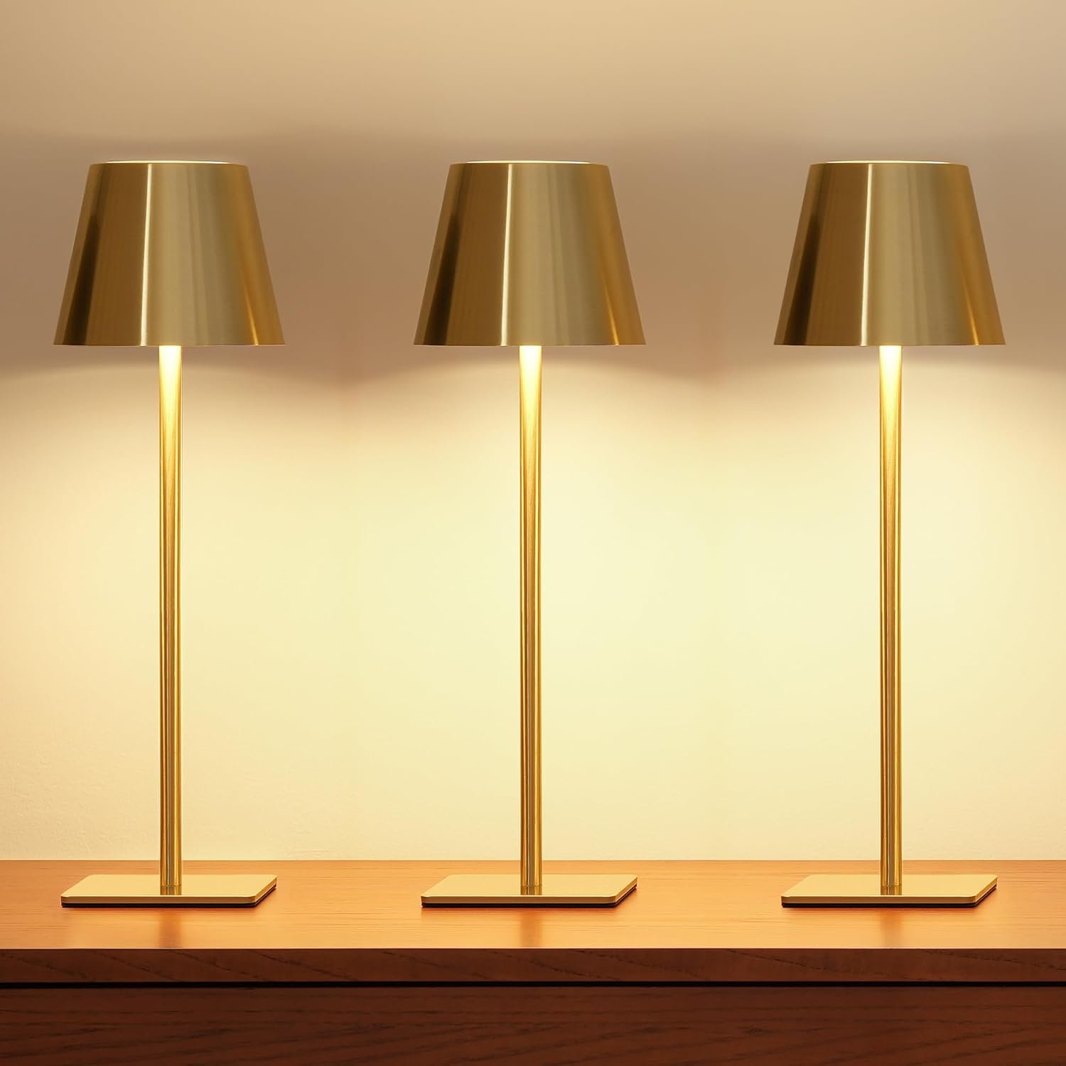 UME 3 Pack Cordless Table Lamp, Battery Operated Lamp – Portable Waterproof Rechargeable Table Lamp w/ 3 Color Temps & Stepless Dimming for Dinner, Desk, Cafe, Outdoor (Brushed Gold)