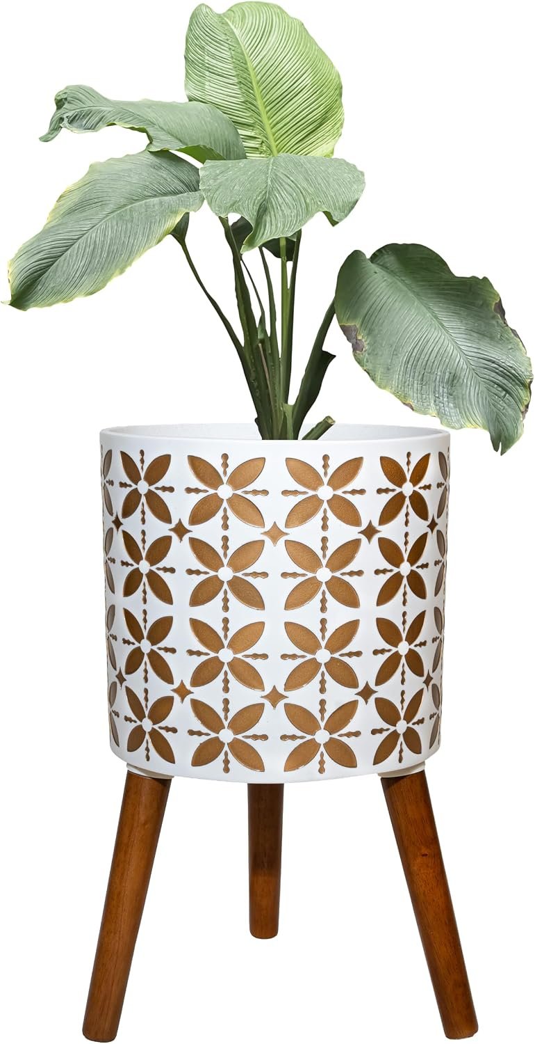 nacltlo12 Inch Planter with Stand, Plant Stand Indoor, Plant pots, Modern Mid-Century,Large Flower Planter Pot with Drainage Holes for Outdoor,White and xGold