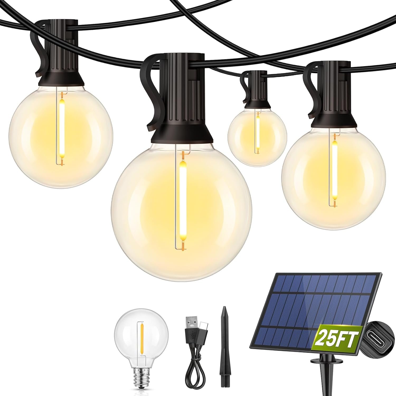 Mlambert 25FT Solar Powered String Lights with 10+1 LED G40 Bulbs, Black