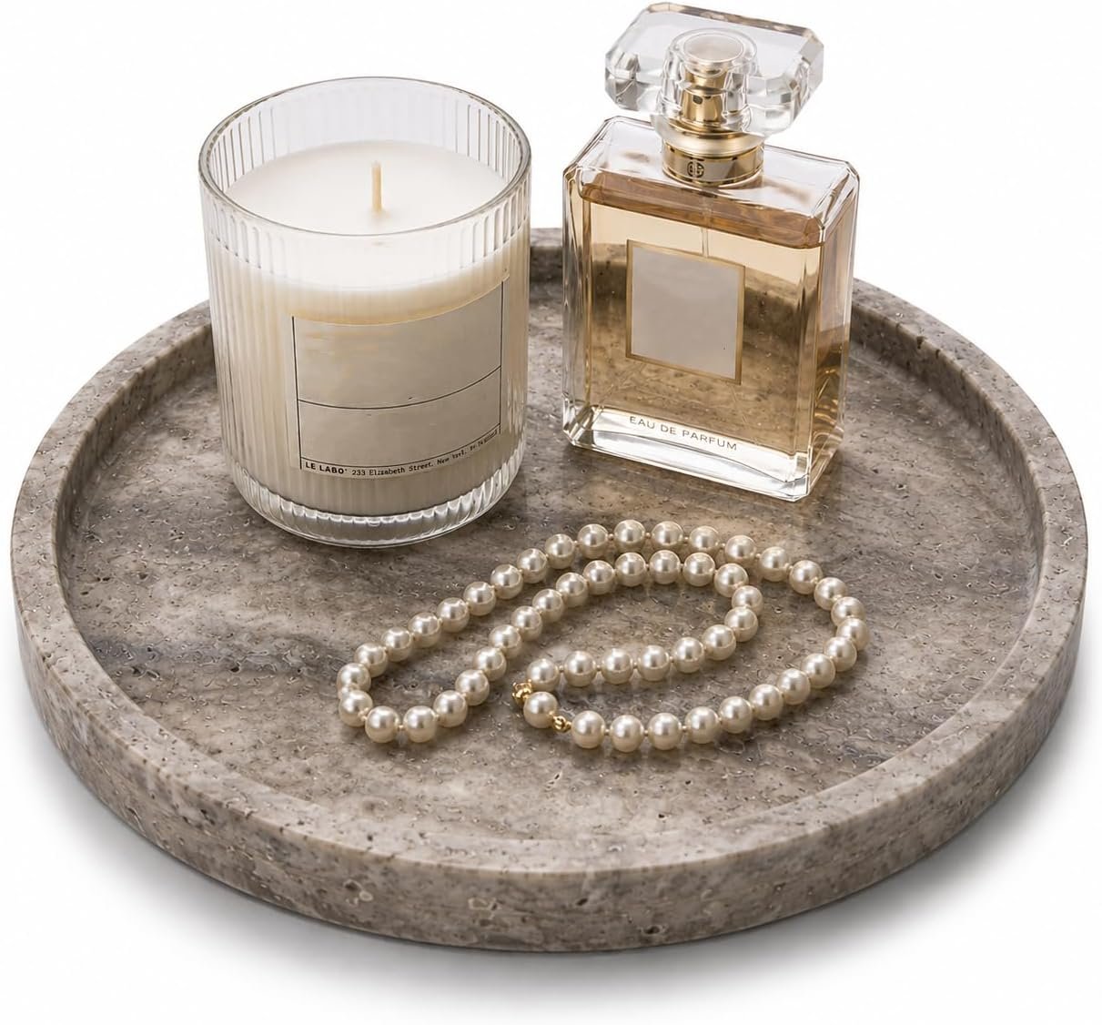 Round Marble Vanity Tray, Gray Travertine,Natural Marble Stone Decorative Tray for Counter, Bathroom, Kitchen, Dresser, Nightstand or Coffee Table, Home Decor(NS024)