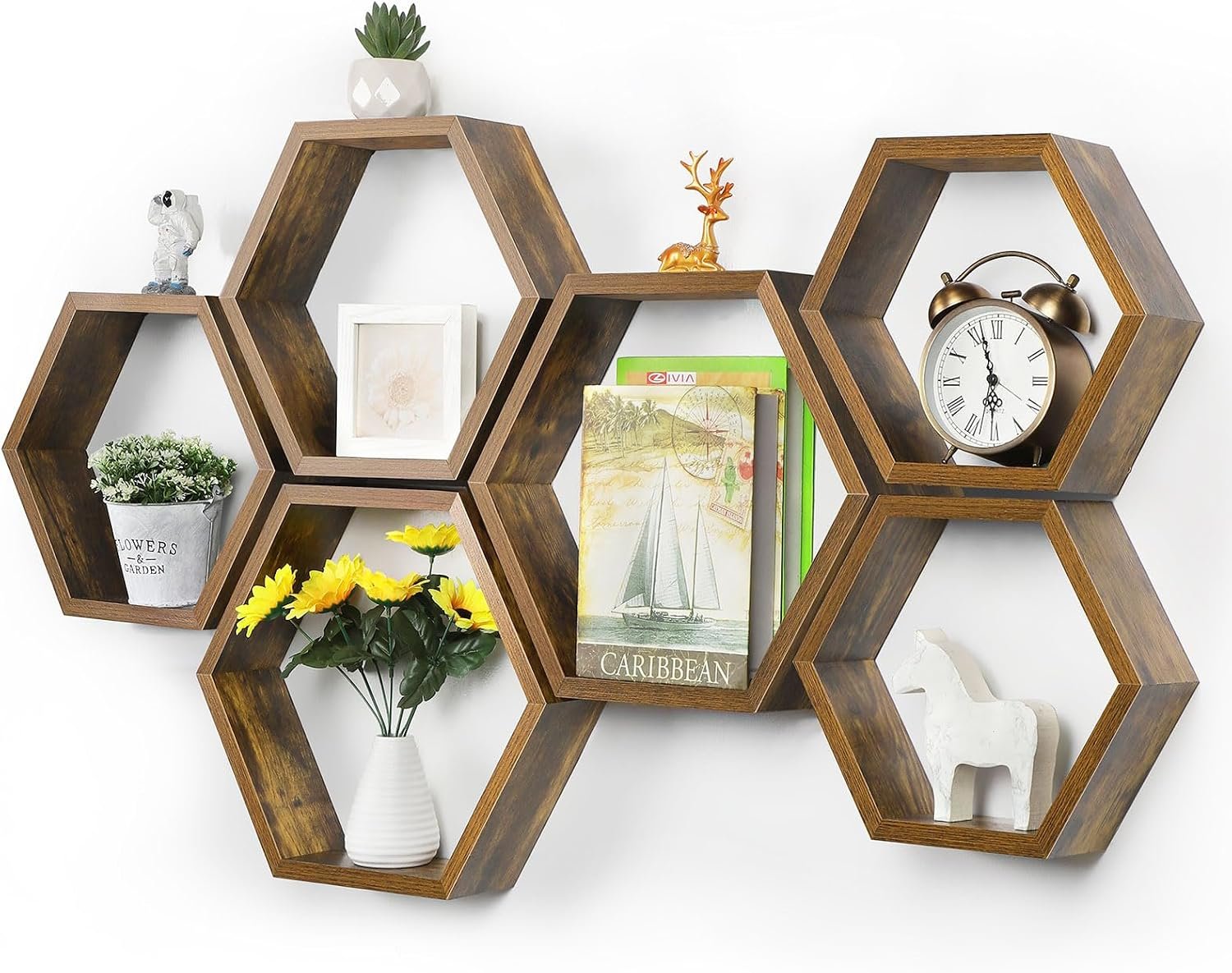 YBING Hexagon Shelves for Wall, Wood Honeycomb Floating Shelves Set of 6,Farmhouse Hexagonal Decorative Storage Shelf MDF for Living Room Bedroom Brown