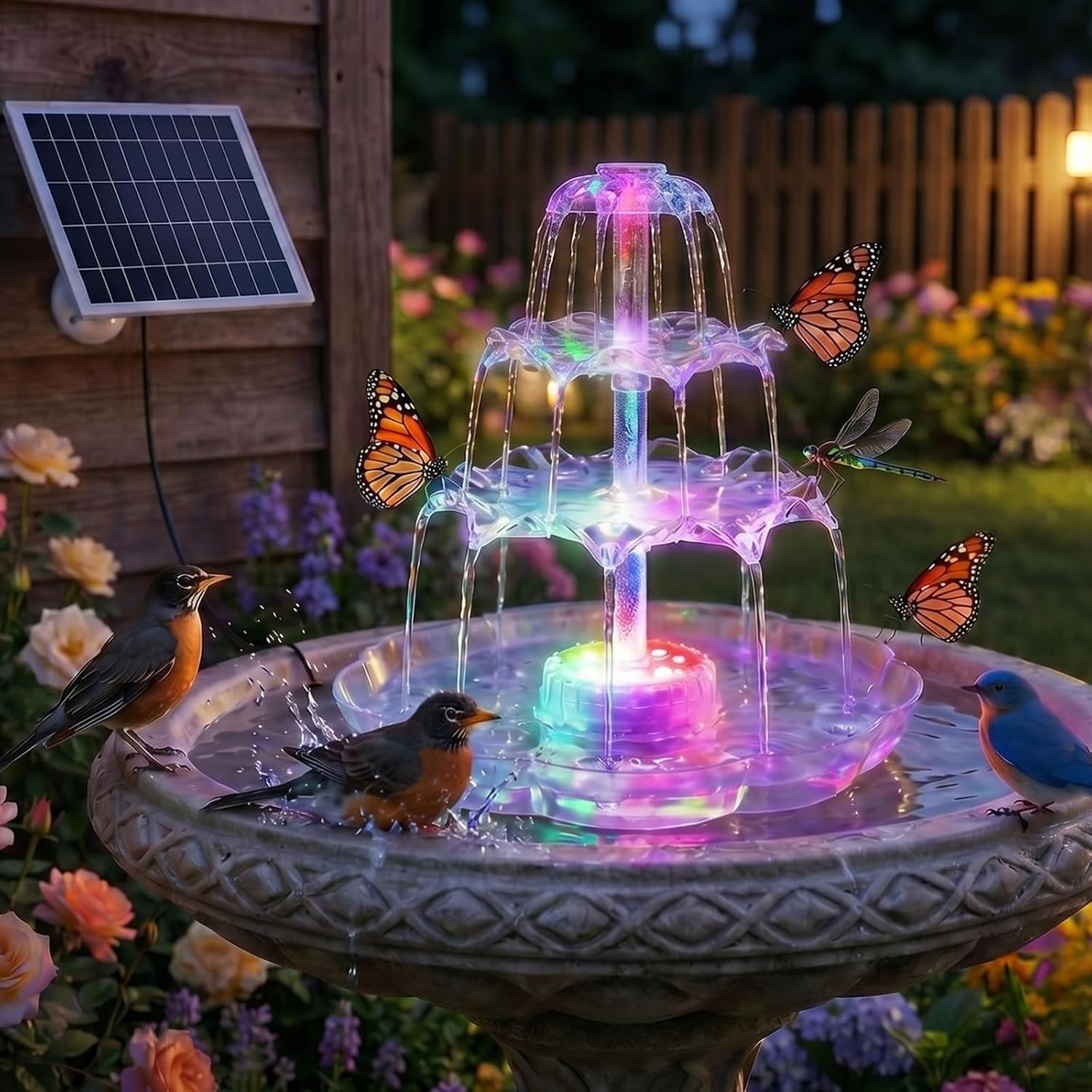 AISITIN 6.5W Solar Bird Bath Fountains with Lights, 3 Tiered Bird Bath