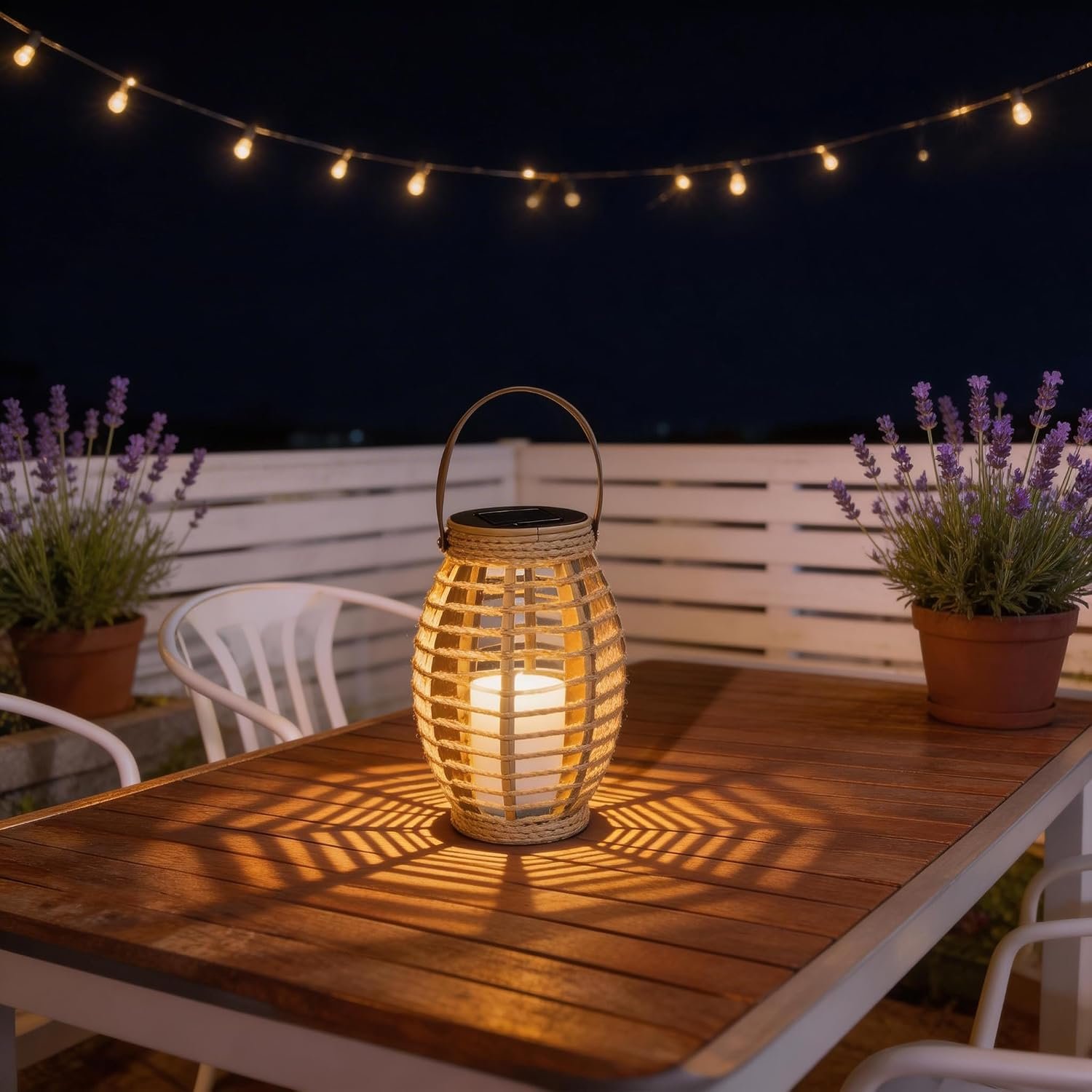 Solar Powered Rattan Lantern with Handle, 8.3 Inch, Warm White LED