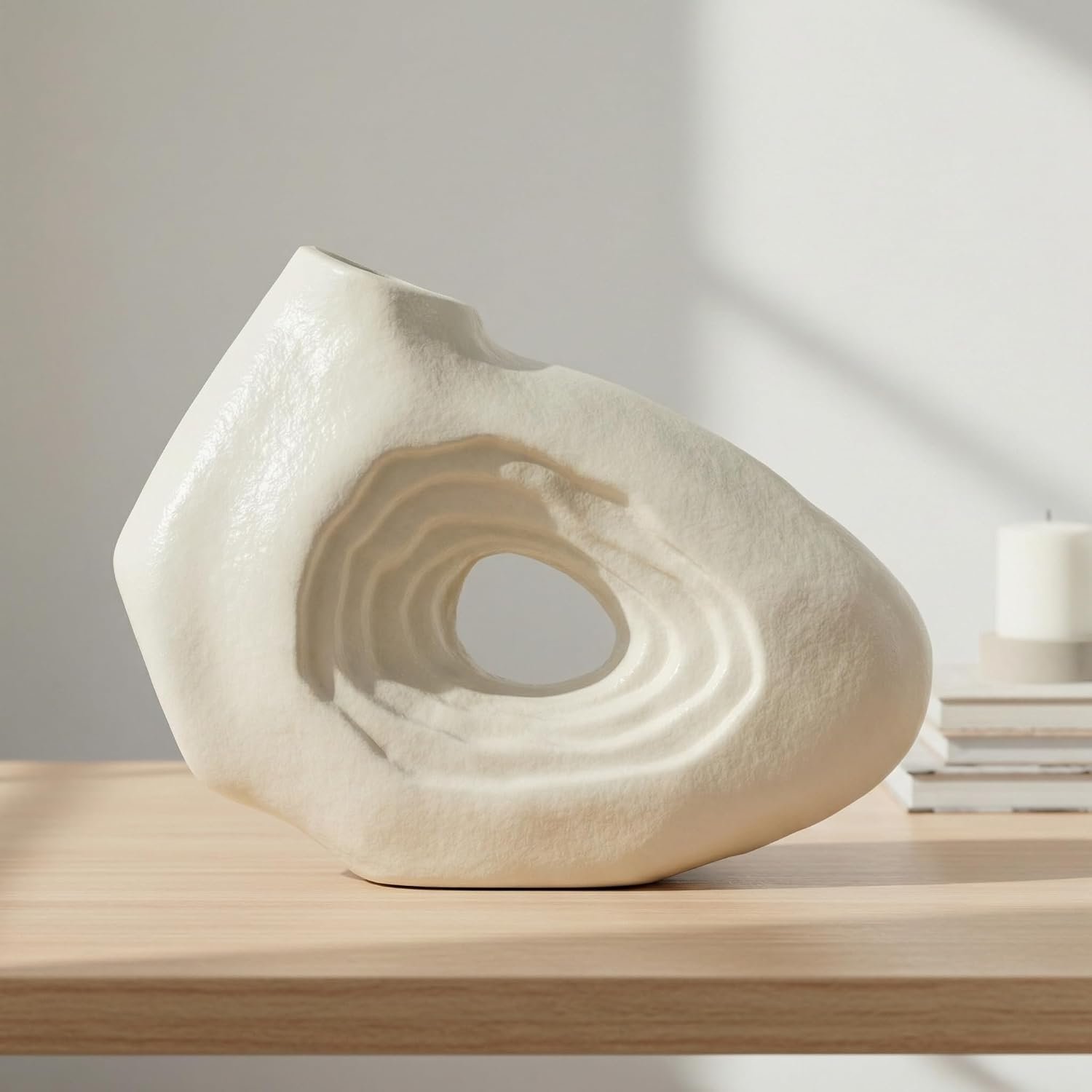 Sunddo White Ceramic Donut Vase, Boho Decor