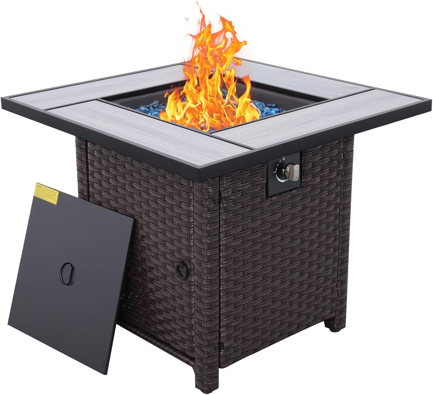 Outdoor Propane Fire Pit, 30 Inch PE Wicker Patio Firepit Table with Fire Glass for Outside Parties and Gatherings on Garden Backyard Porch