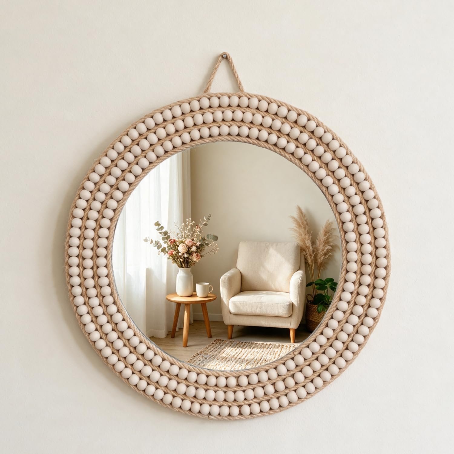 Boho Round Wall Mirror with Wood Bead and Jute Rope Frame, 13.77 Inch, Bohemian Decor