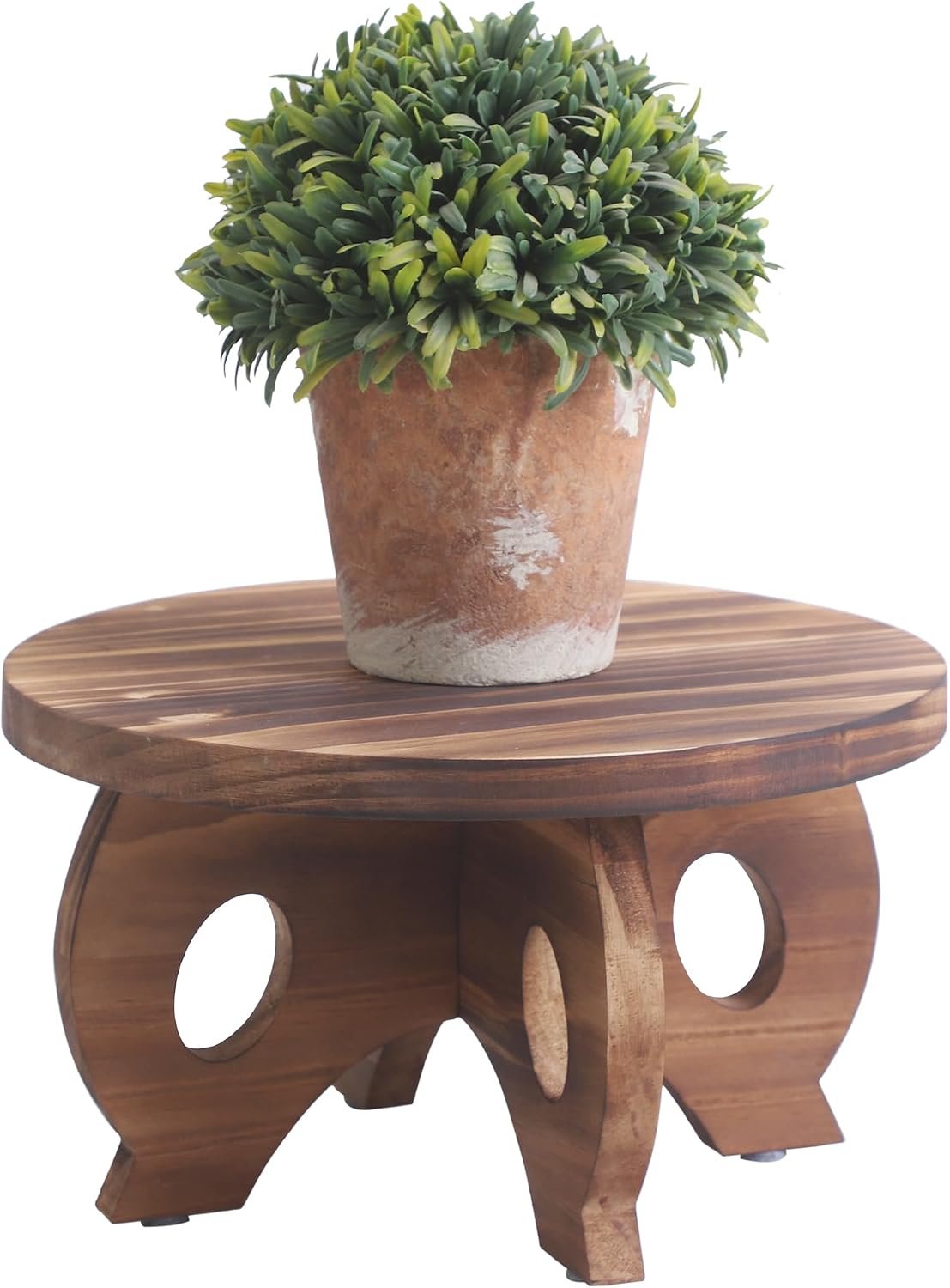 Small Wooden Plant Stand Indoor, 10-Inch Round Pine Wood Plant Riser and Display Pedestal for Tabletop, Countertop and Home Decor, Brown