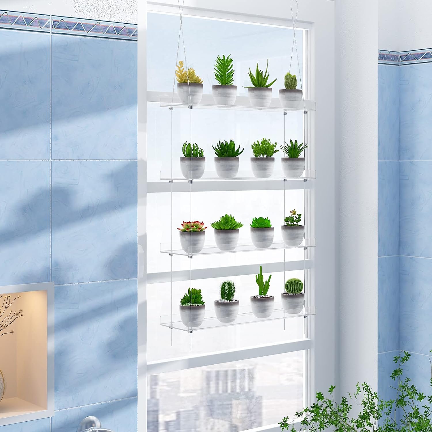4-Tier Clear Hanging Plant Shelves, Adjustable Indoor Window Plant Stand