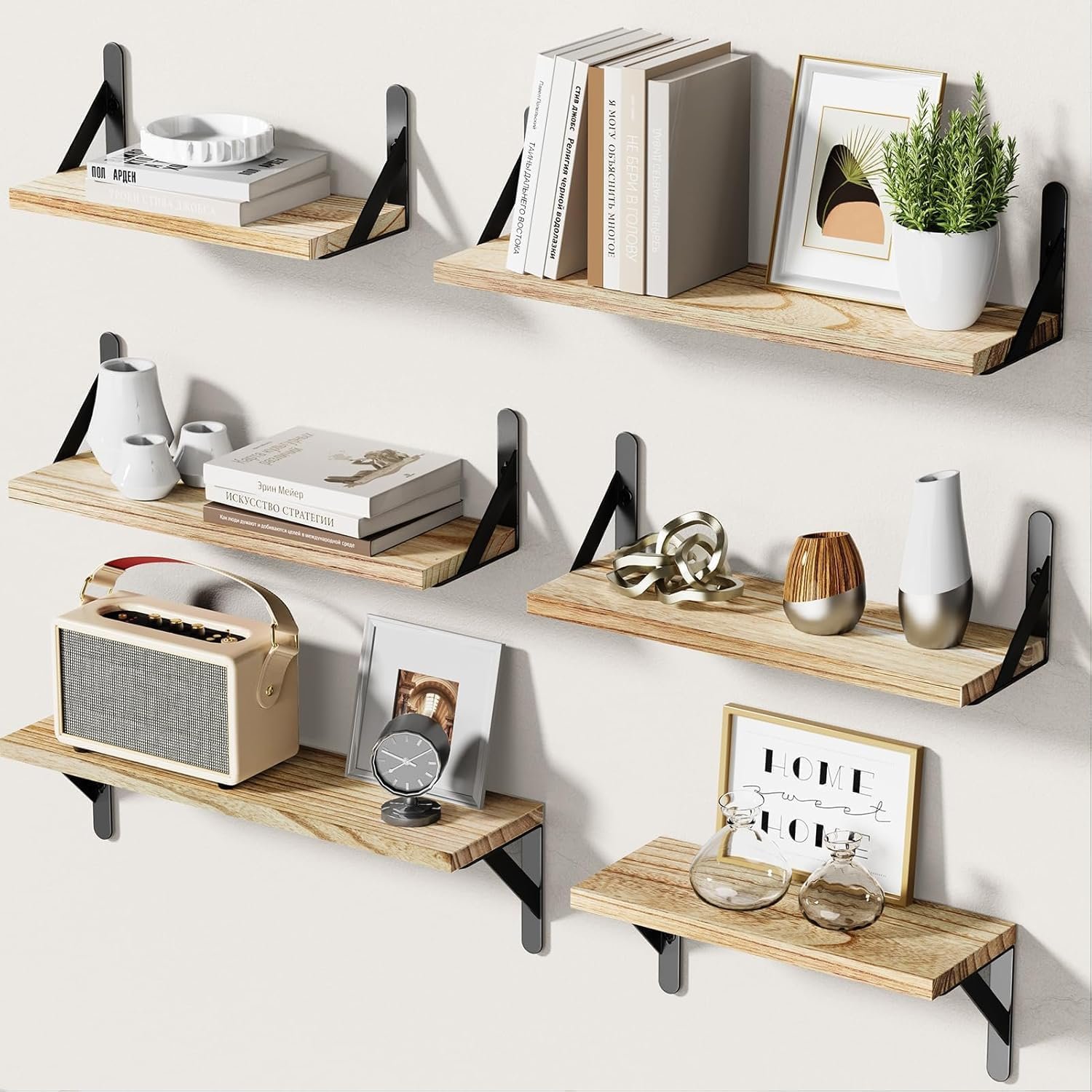 Amada Solid Paulownia Wood Wall Shelves, Medium Size, 6 Pcs, Natural Wood