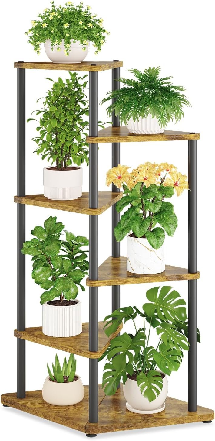 iDavosic.ly 5 Tier Wooden Plant Stand Indoor, 41 Inch Tall, Black & Brown