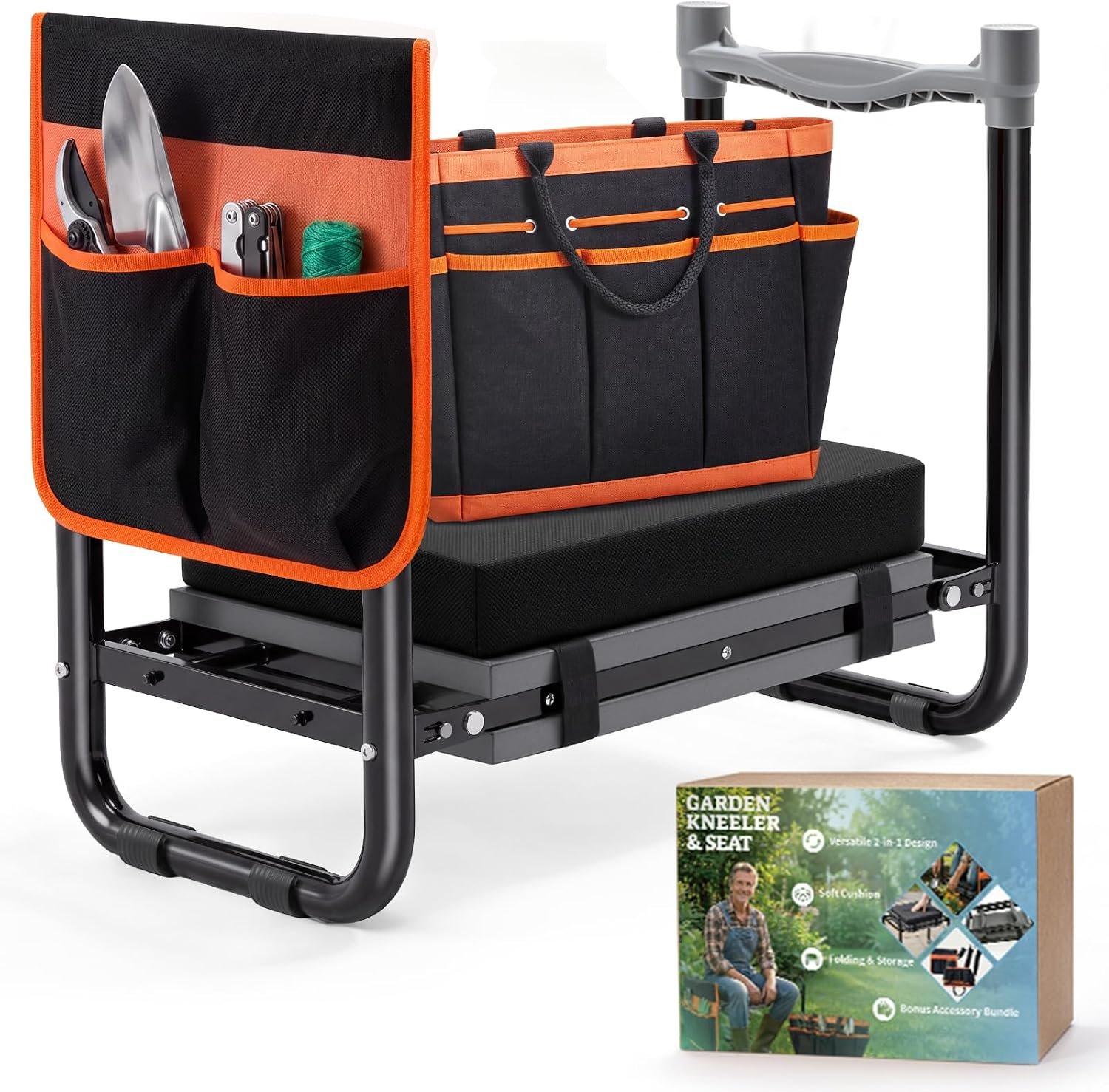 PASAMIC Garden Kneeler and Seat, Wider & Thicker 3.82″ Extra-Thick Double Cushion Support, Foldable Heavy Duty Garden Stool Supports 350 lbs, Tool Pouches & Waist Pouch, Gardening Gift for Seniors