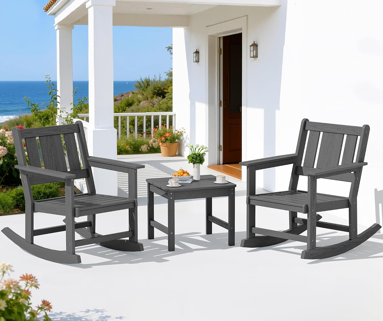 SERWALL 3-Piece Patio Furniture Set with 2 Rocking Chairs & Table, Grey