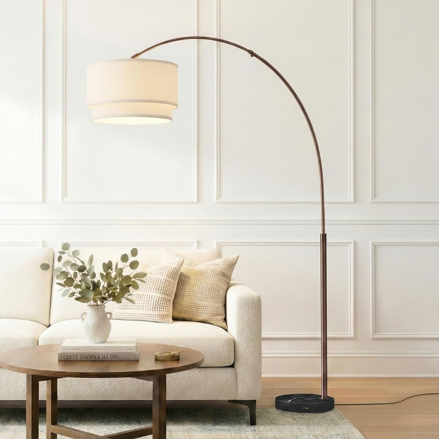 Brightech Mason Arc Floor Lamp – Modern Corner Standing Lamp with Unique Hanging Drum Lamp Shade for Living Room – Bright Overhead, Curved Hanging Light for Bedroom. Library, Den – Bronze