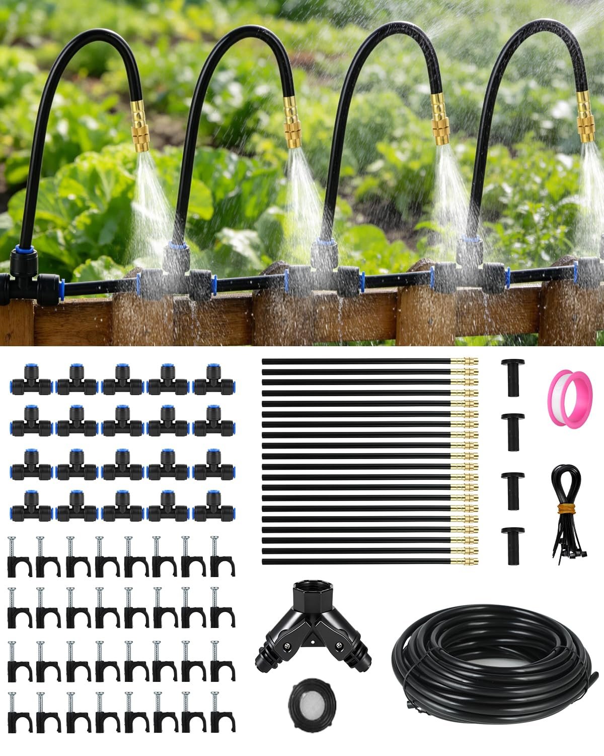 130FT Drip Irrigation System for Garden: 20 Nozzles 1/4″ PE Tubing Automatic Watering Kit Adjustable Misting Sprinkler Mister Hose for Water Plants Tape Raised Beds Lawn Outdoor Yard Greenhouse 130FT