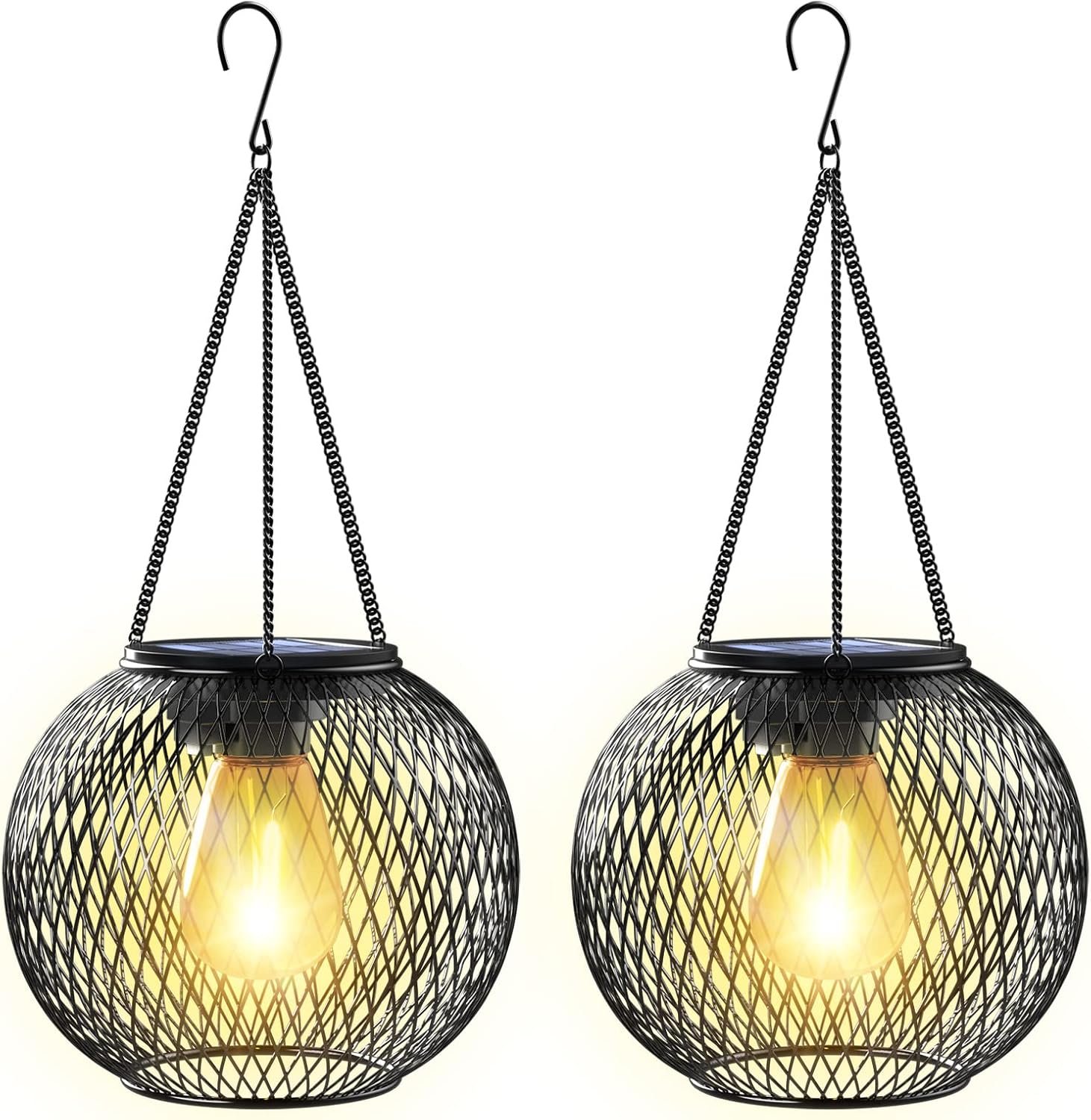 Solar Lantern Outdoor Waterproof,Hanging Solar Lights,2 Pack,Black