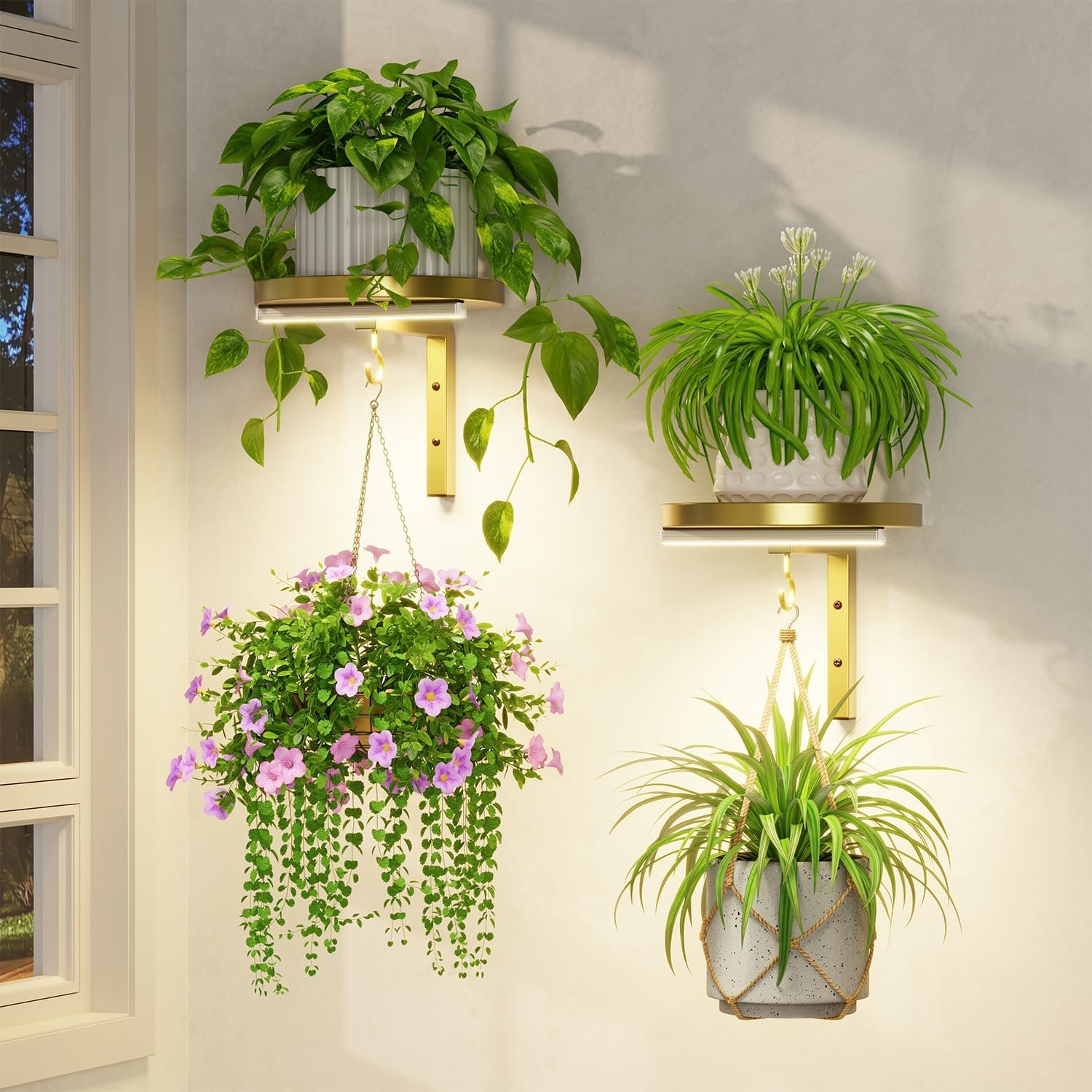 LASZOLA Plant Hanger Holder Shelf Wall Indoor with Lights, 2 Pcs Gold