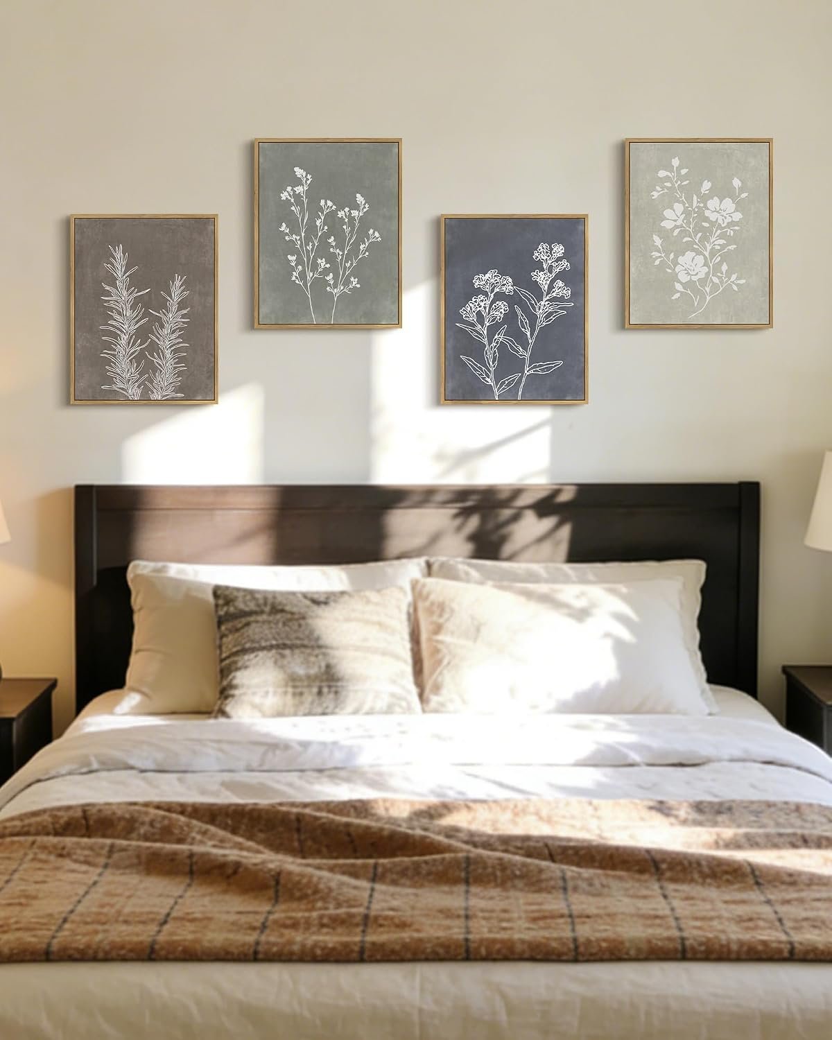 Drsoum Framed Boho Wall Art Set of 4 Wooded Vintage Botanical Prints Retro Plants Rustic Antique for Bathroom Farmhouse Kitchen Home Decor Ready to Hang 11x14inx4pcs (Natural Framed)
