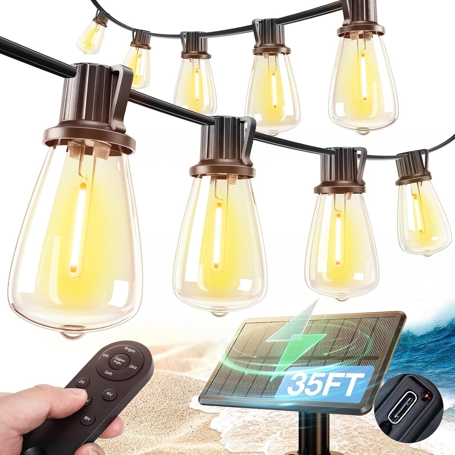addlon 35FT Solar String Lights Outdoor Waterproof, 24+ Hrs Runtime, Patio