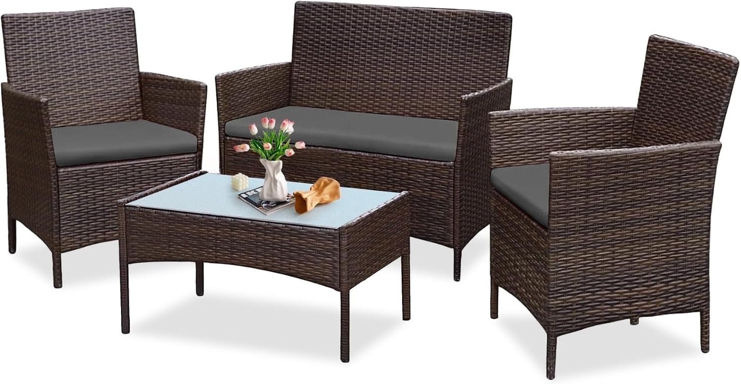 PROHIKER 4 Piece Outdoor Wicker Patio Conversation Furniture Set, Rattan Chair Wicker Sofa Garden Conversation Sets with Cushion and Glass Table for Yard Pool or Backyard, Brown/Dark Gray