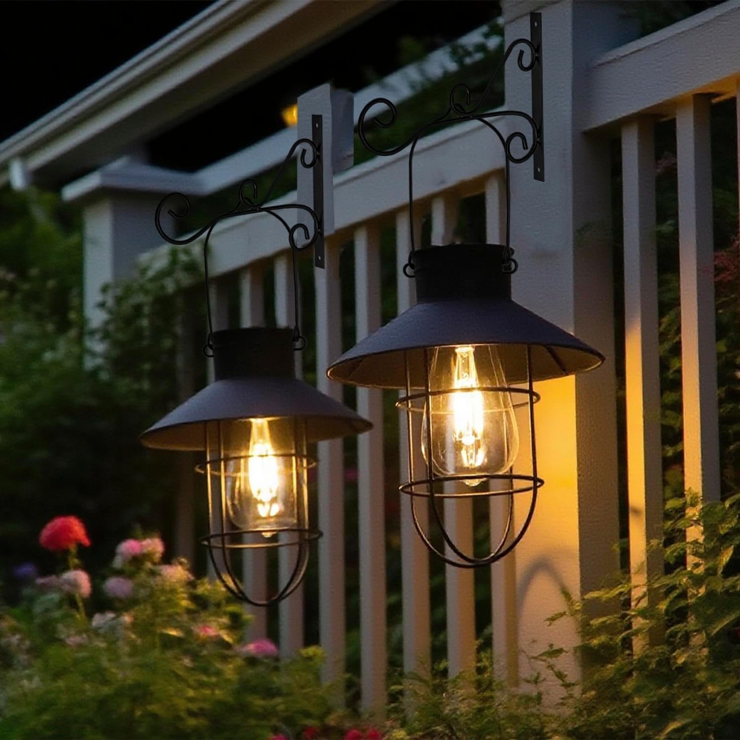2 Pack Solar Lantern Hanging Waterproof Outdoor Metal Solar Lamp with Wall Hooks Warm White Light Decorate for Yard Garden Pathway Patio Porch Decor (Black)