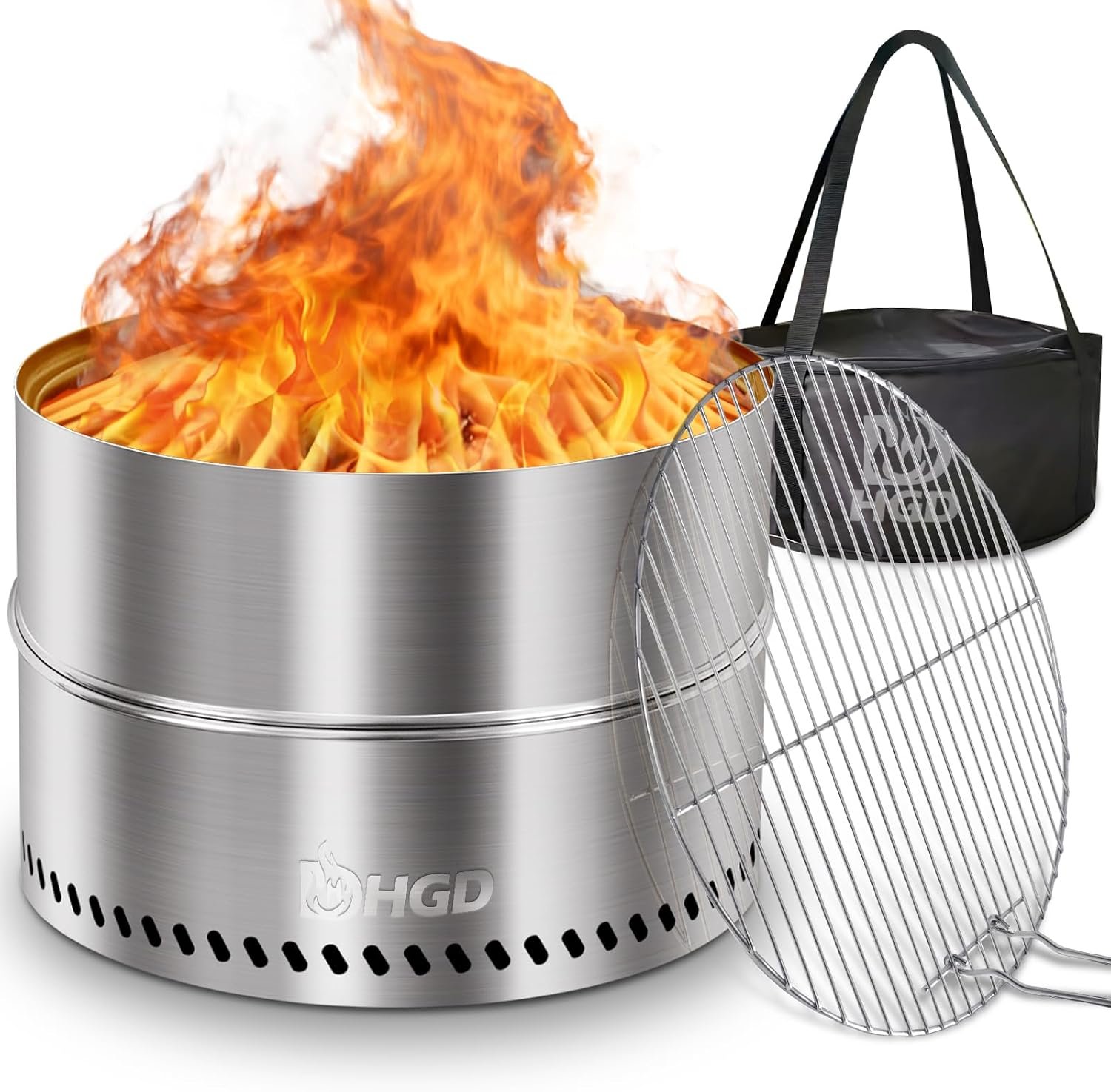 HGD 19.6 Inch Smokeless Firepit with Grill, Portable Wood Burning Fire Pit for Camping & Backyard, Stainless Steel Outdoor Fireplace with Travel Bag, Easy Setup & Compact Storage – Foldable Design