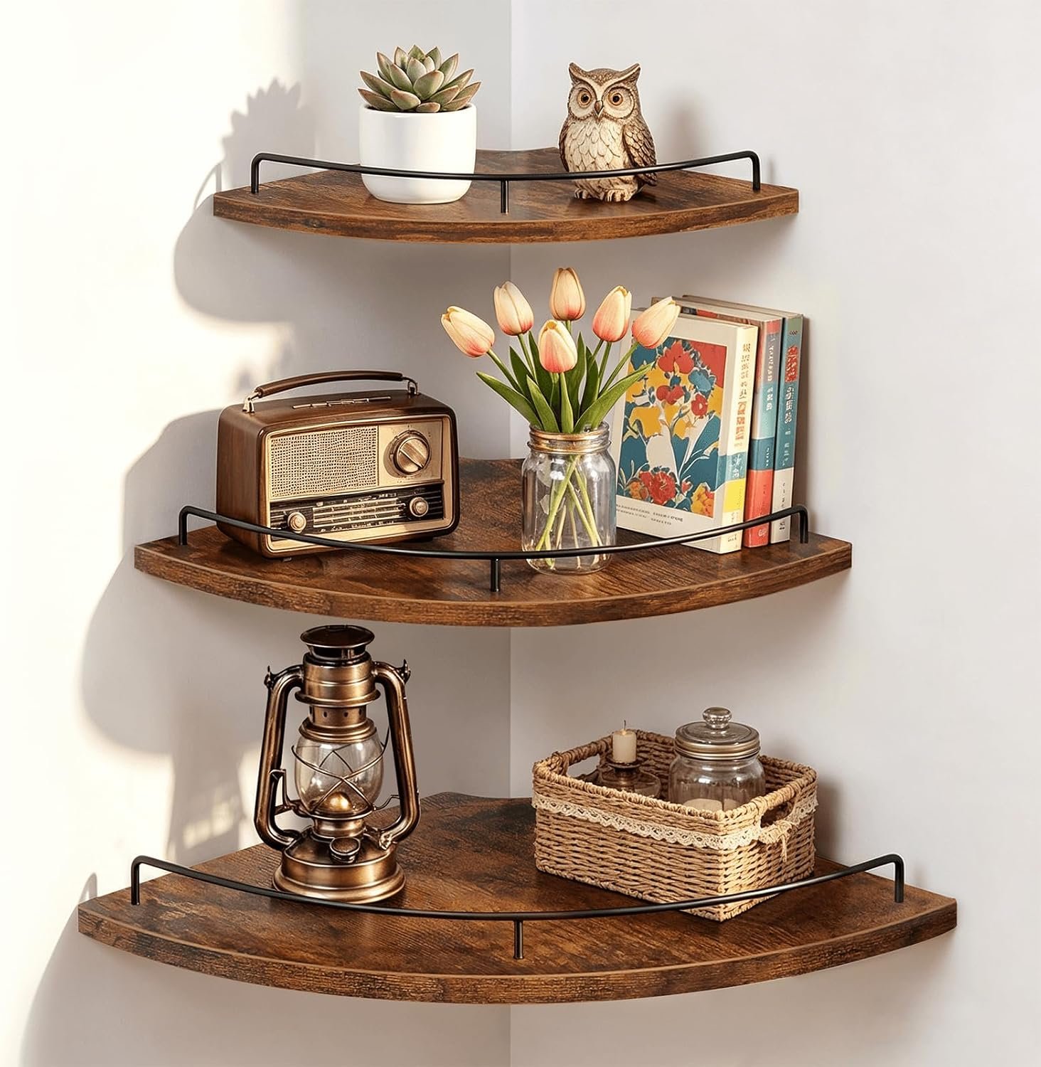 Homode Corner Shelf Wall Mounted Set of 3, Corner Floating Shelves 9/10/12 Inch Deep, Wood Round Corner Hanging Display Shelf with Guardrail for Bathroom Bedroom Kitchen Living Room, Rustic Brown