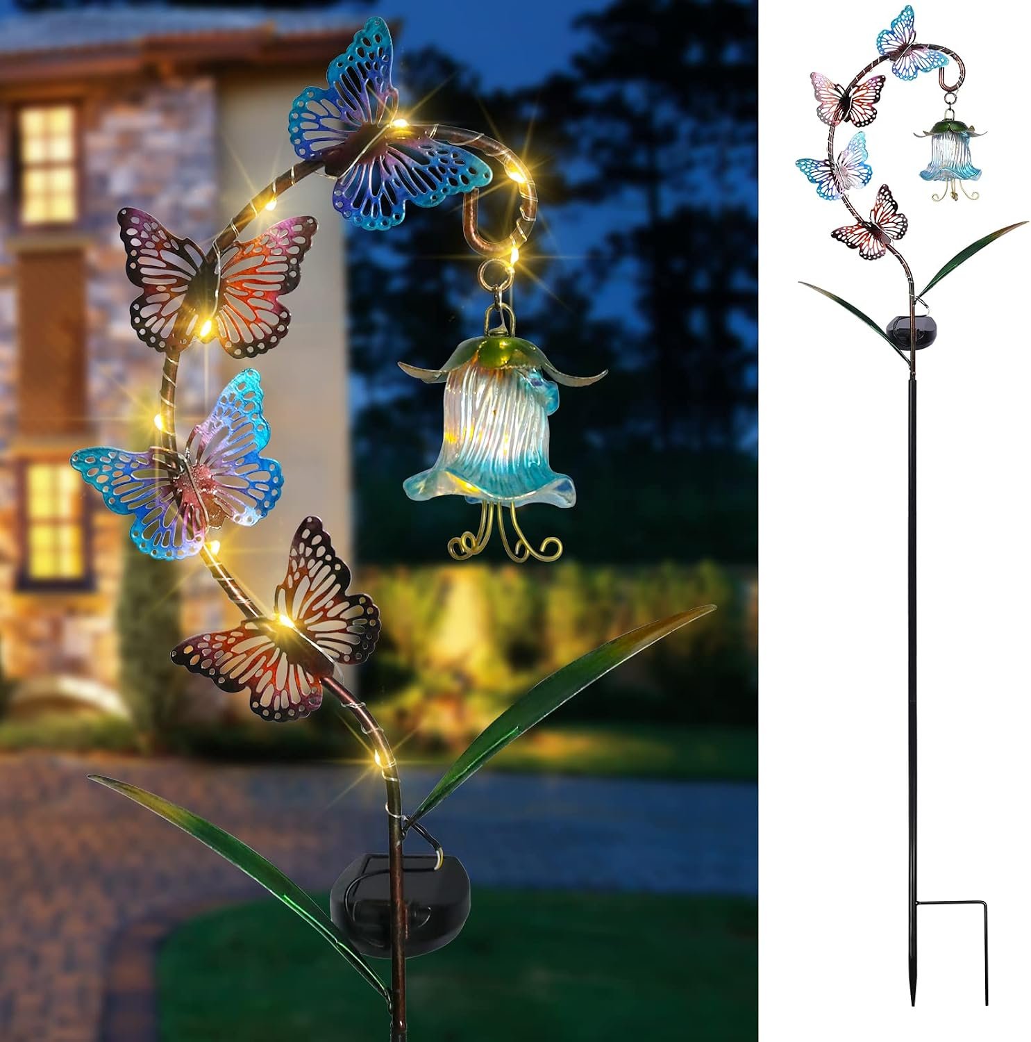 Decorative Solar Garden Light, Butterfly Glass Flower Stake for Lawn Yard