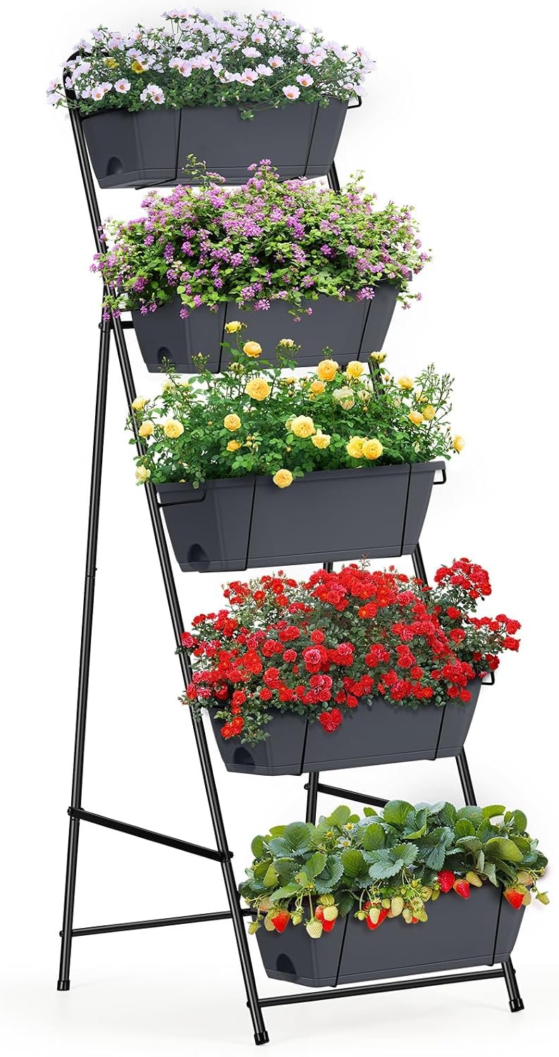 Raised Garden Bed 5 Tier Vertical Planter Standing Herb Garden Elevated Box With Drainage Holes Tall Planters for Outdoor Plants Vegetables Flowers Grey