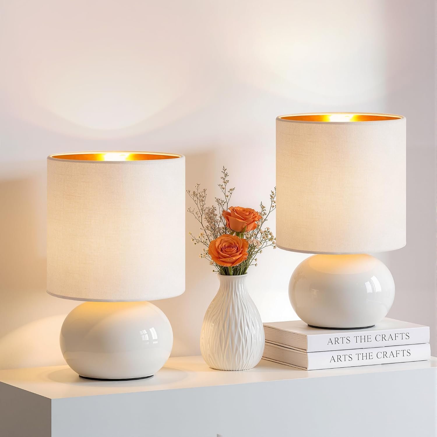 Hamucd Ceramic Table Lamps Set of 2, Modern Classic Bedside Lamps for Nightstand, Small Table Lamp for Bedroom Living Room Desk End Table (White)