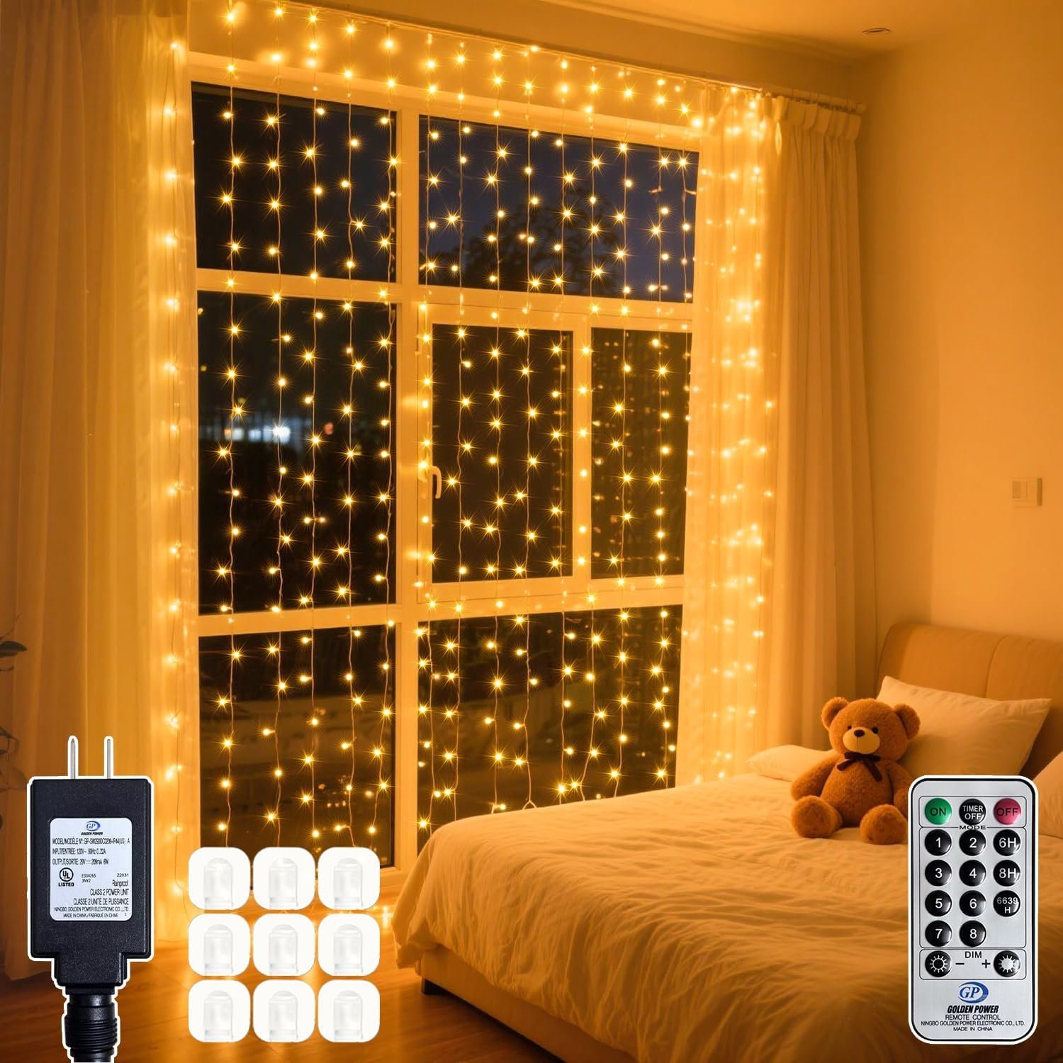 200 LED Warm White Curtain String Lights 9.8×6.6FT, Plug in Fairy Lights with 9 Hooks, Dimmable, Timer & 8 Modes, IP44 Waterproof, Bedroom Wall Wedding Party Christmas Indoor Outdoor Decor
