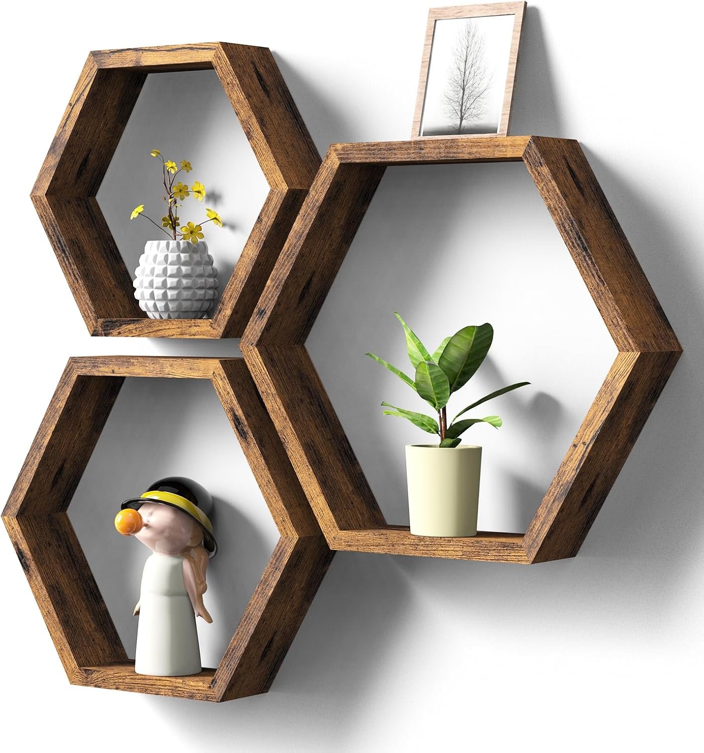 CADUKE Hexagon Floating Shelves, Set of 3 Farmhouse Honeycomb Shelves for Wall Decor, Decorative Wall Mounted Shelves, Wooden Hanging Shelf Unitfor Bedroom, Kitchen, Living Room, Rustic Brown