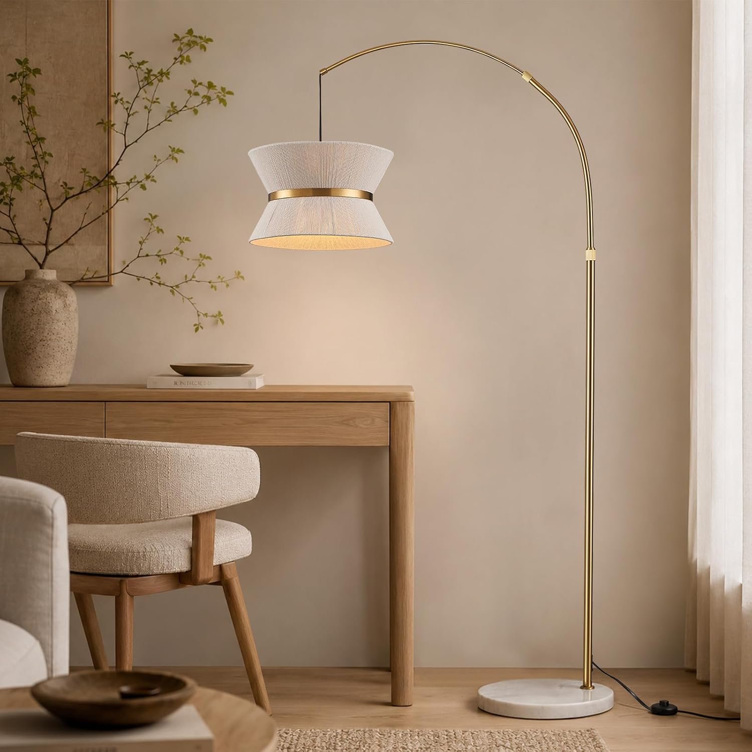 Hamilyeah Arc Floor Lamp for Living Room, 65.5 Inch Gold Arched Floor Lamp with Hand-Woven Cotton Shade and White Marble Base, Modern Over Couch Standing Lamp for Bedroom, Office, Reading Nook
