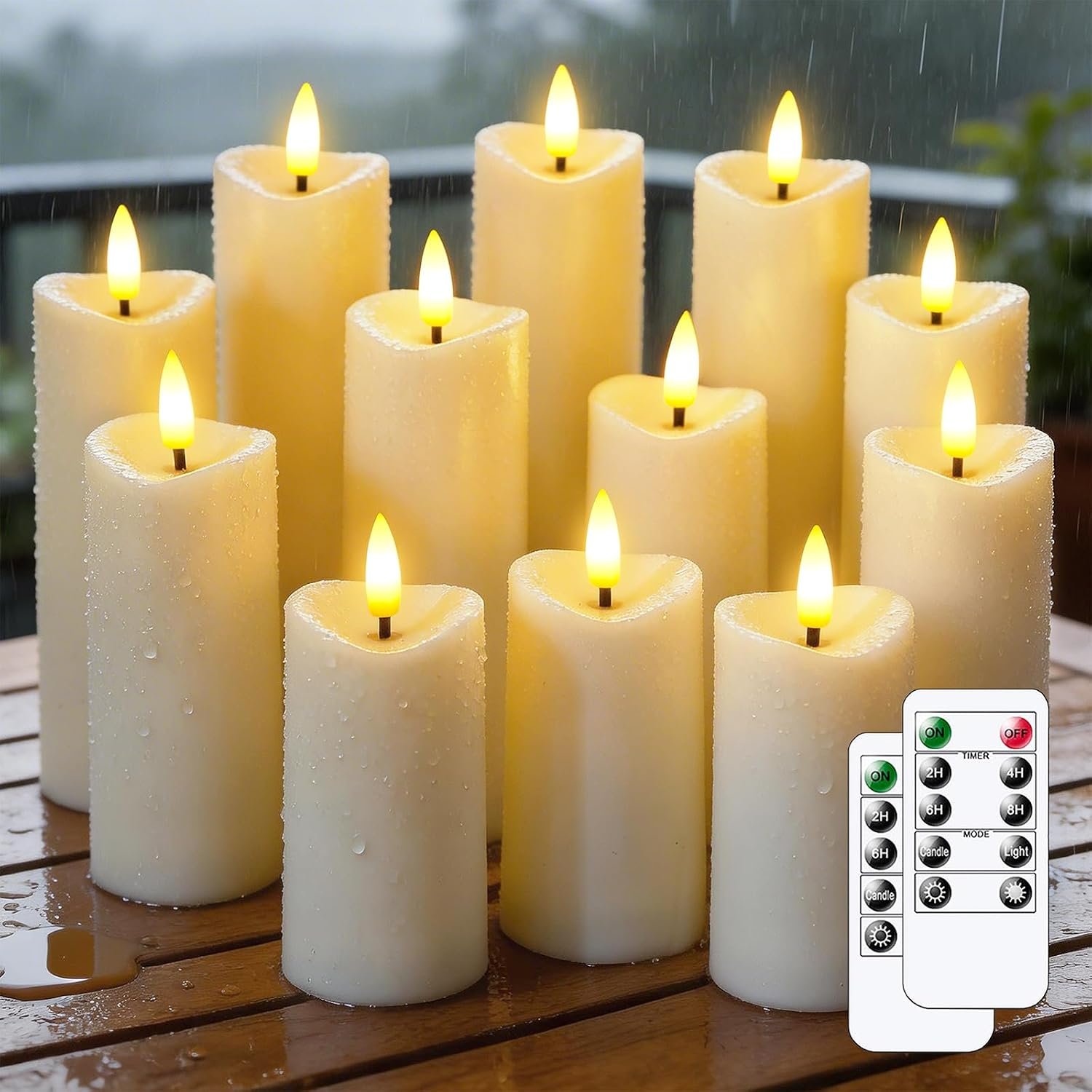 12 Pcs Battery Operated Waterproof Ivory Plastic Flameless Pillar Candles with Timer & 2 Remotes, 2.2″ x4″ 4″ 4″ 5″ 5″ 5″ 6″ 6″ 6″ 7″ 7″ 7″ Outdoor Flickering LED Warm Light for Home Decor