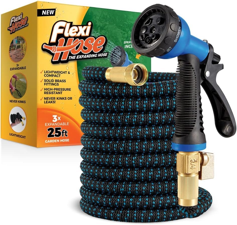 Flexi Hose Expandable Garden Hose with 8 Function Nozzle, 25FT – Lightweight Retractable Garden Hose, Water Hose – No-Kink Flexibility, 3/4 Inch Solid Brass Fittings and Double Latex Core