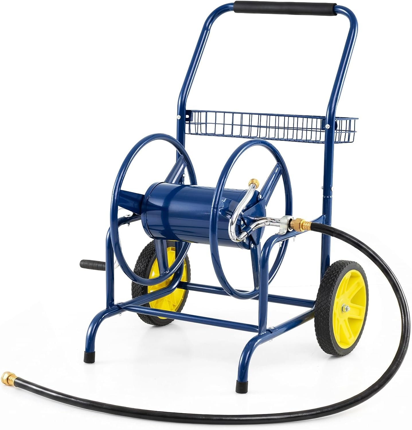 Goplus Garden Hose Reel Cart, 230ft 5/8″ or 300ft 1/2″ Heavy-Duty Metal Hose Cart w/ 2 Wheels, Storage Basket, Portable Water Hose Organizer for Yard Planting Lawn