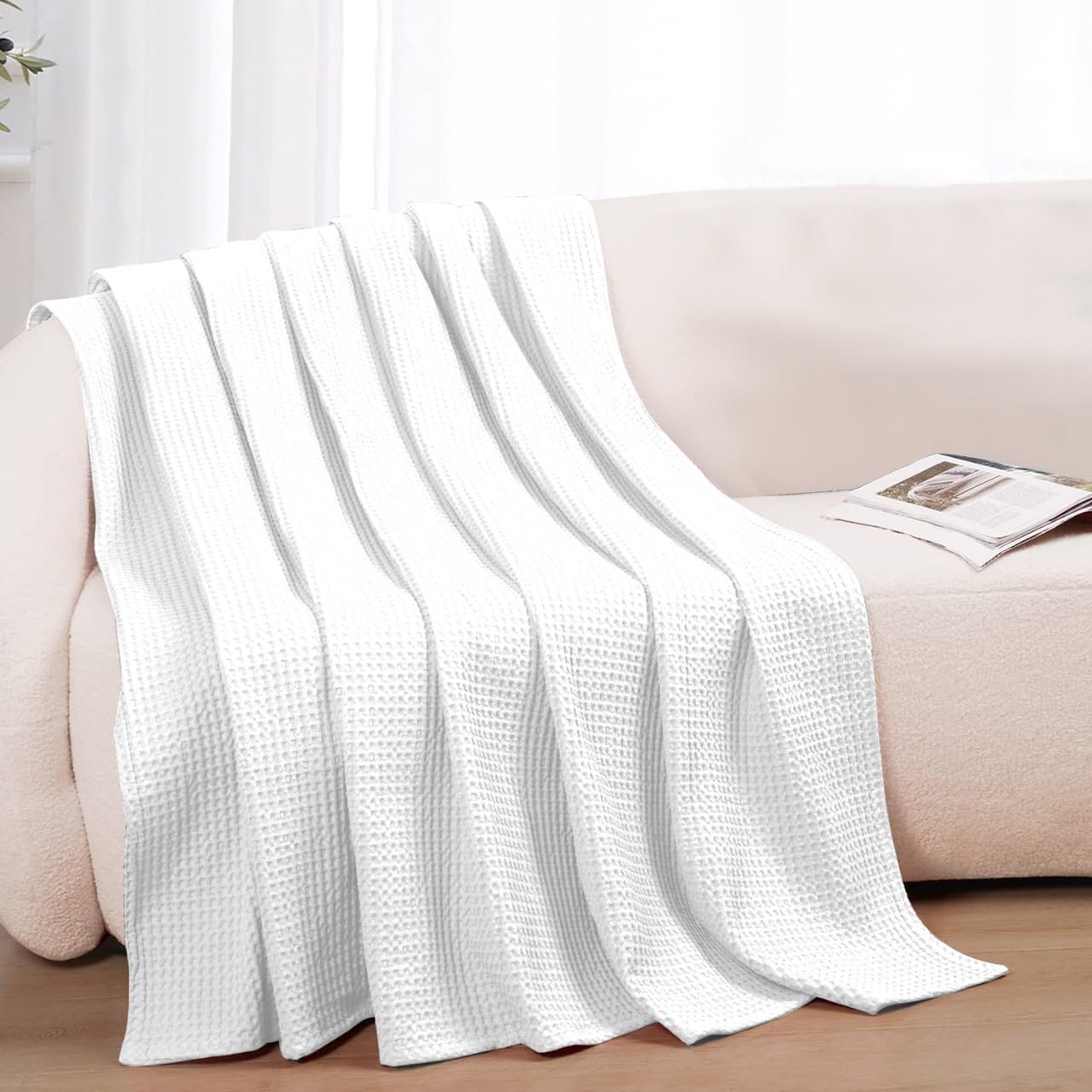100% Cotton Blankets for Bed – Waffle Weave Blankets for Summer, Lightweight and Breathable Soft Woven Blanket for Spring (White, Throw (50″ x 60″))