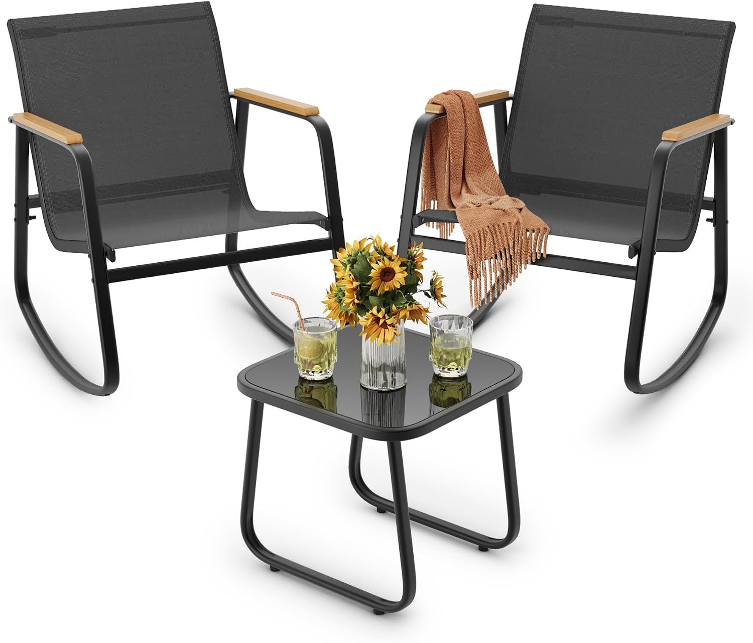 Ahomly 3 Pieces Patio Furniture Set Textilene Outdoor Rocking Set, Black