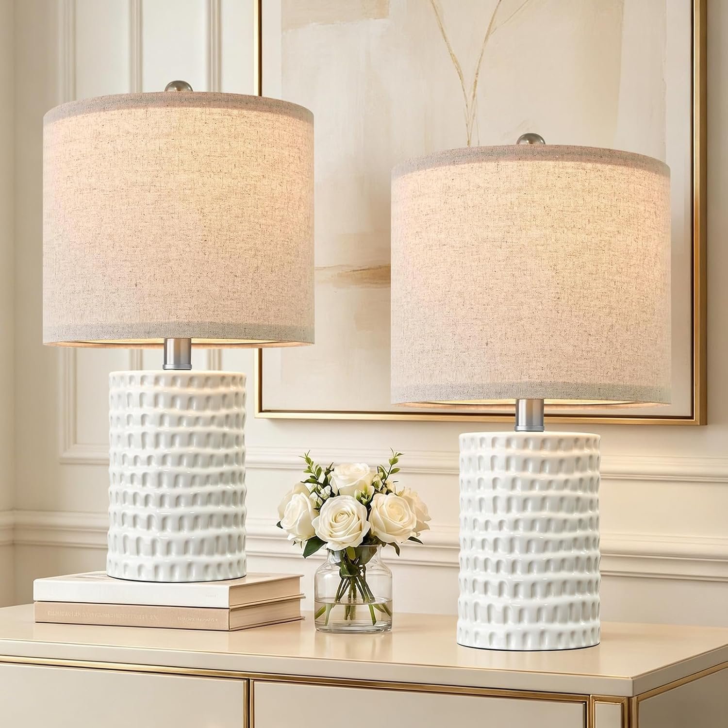 PORTRES 18.25″ Modern Accent Ceramic Table Lamps Set of 2 for Bedroom White