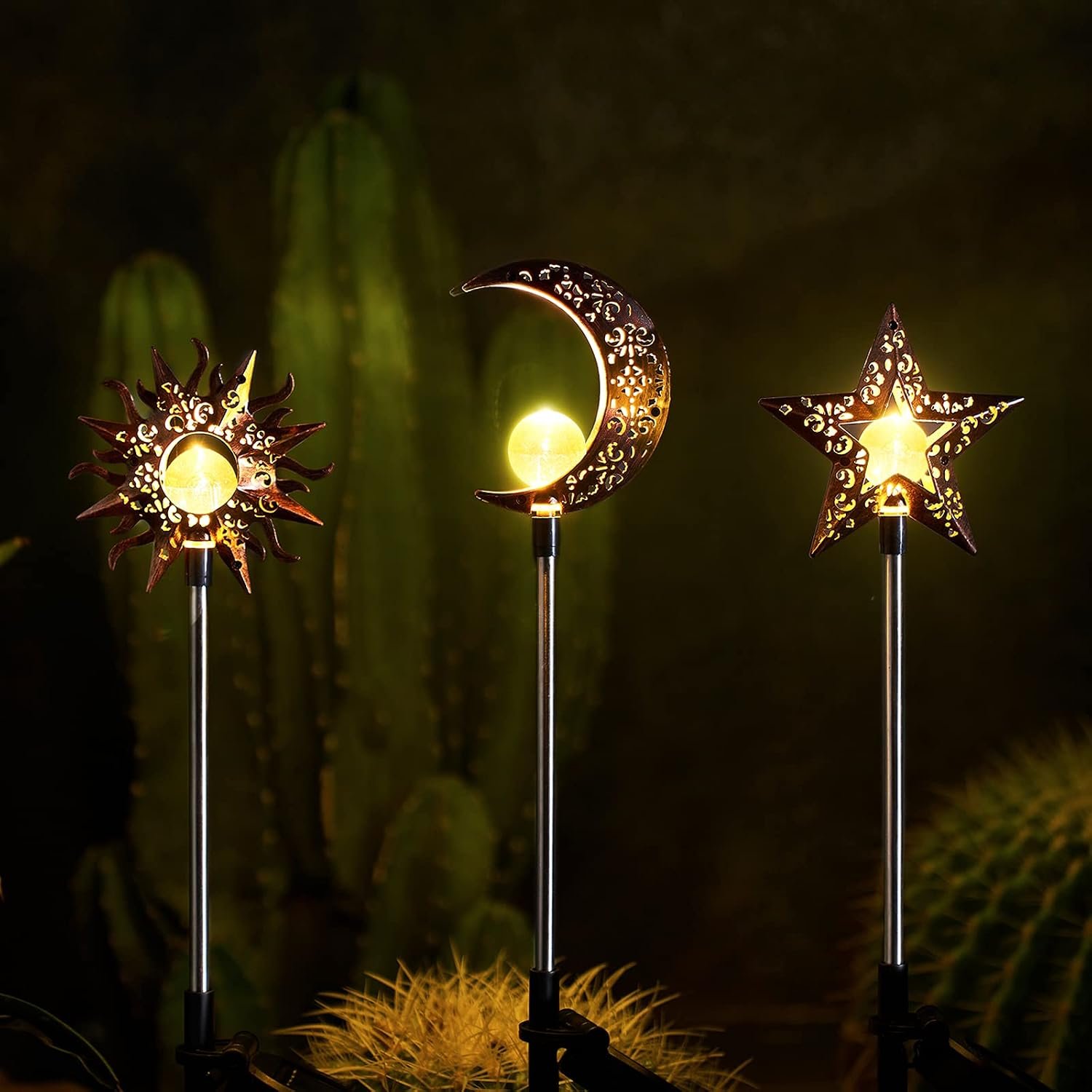 Solar Garden Stake Lights, Moon Sun Star Yard Decorations Outdoor 3 Pack
