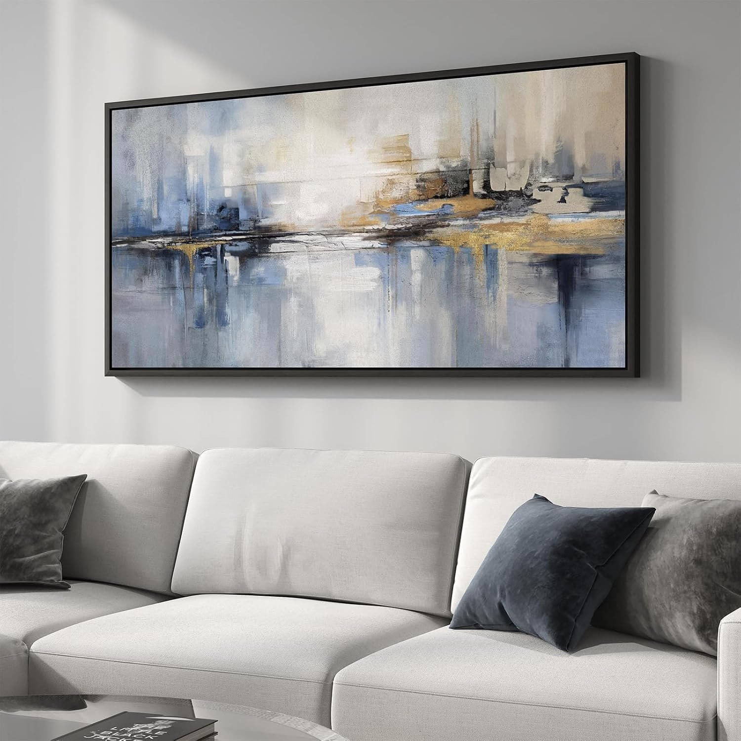 Extra Large Framed Blue Abstract Wall Art for Living Room, Horizontal 30×60