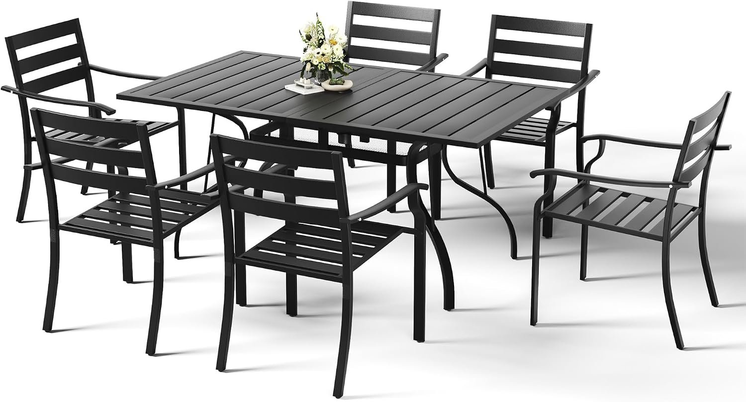 HOMREST 7 Piece Outdoor Patio Dining Set for 6, 63″ Rectangular Metal Table with Umbrella Hole and Storage Shelf, Stackable Steel Chairs, Large Patio Furniture Set for Deck/Backyard/Poolside/Garden