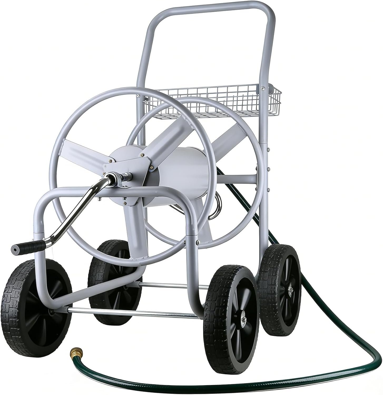 Hose Reel Cart, Garden Hose Reel Cart Holds Up to 250 ft of 5/8″ Hose, Heavy Duty Water Hose Cart with 4 Wheels, Powder Coated Steel Garden Hose Storage Organizer with Storage Basket for Yard Lawn