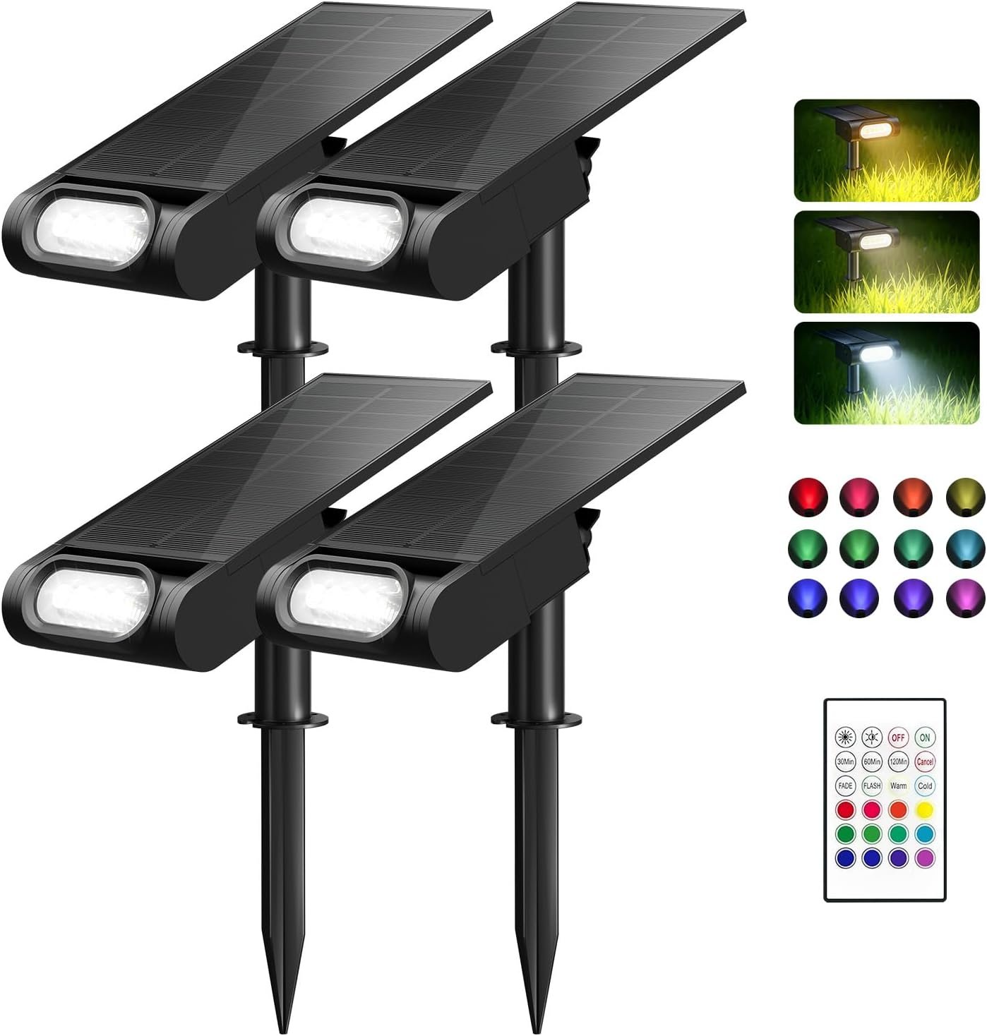 RGB Christmas Solar Spot Lights Outdoor, 12 RGB Color Modes Landscape Light Waterproof IP67 with Remote Control, 2-in-1 Color Changing RGB/Cool/Warm White for Yard Garden Christmas 4 Pack