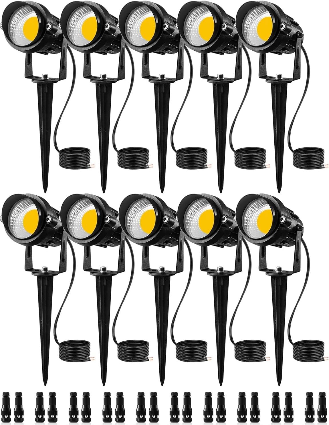SUNVIE 12W Low Voltage LED Landscape Lights with Connectors, Outdoor 12V Super Warm White (900LM) Waterproof Garden Pathway Lights Wall Tree Flag Spotlights with Spike Stand (10 Pack with Connector)